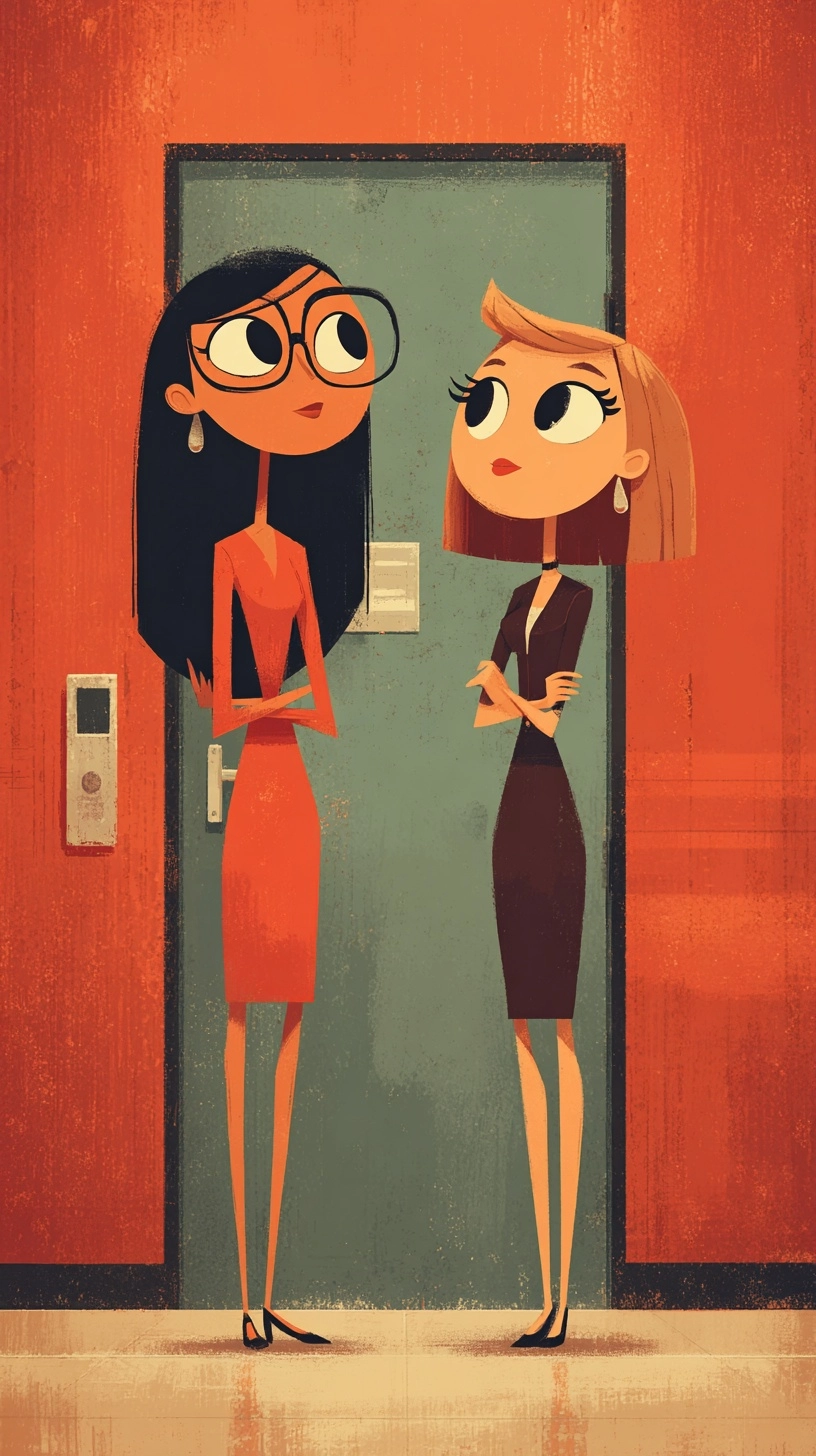 Stickman animation style, 2D cartoon aesthetic, two beautiful female stick-figure teachers engaged i
