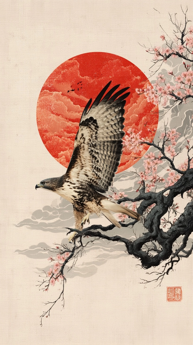 Abstract minimalist Japanese style, hawk and cherry blossom