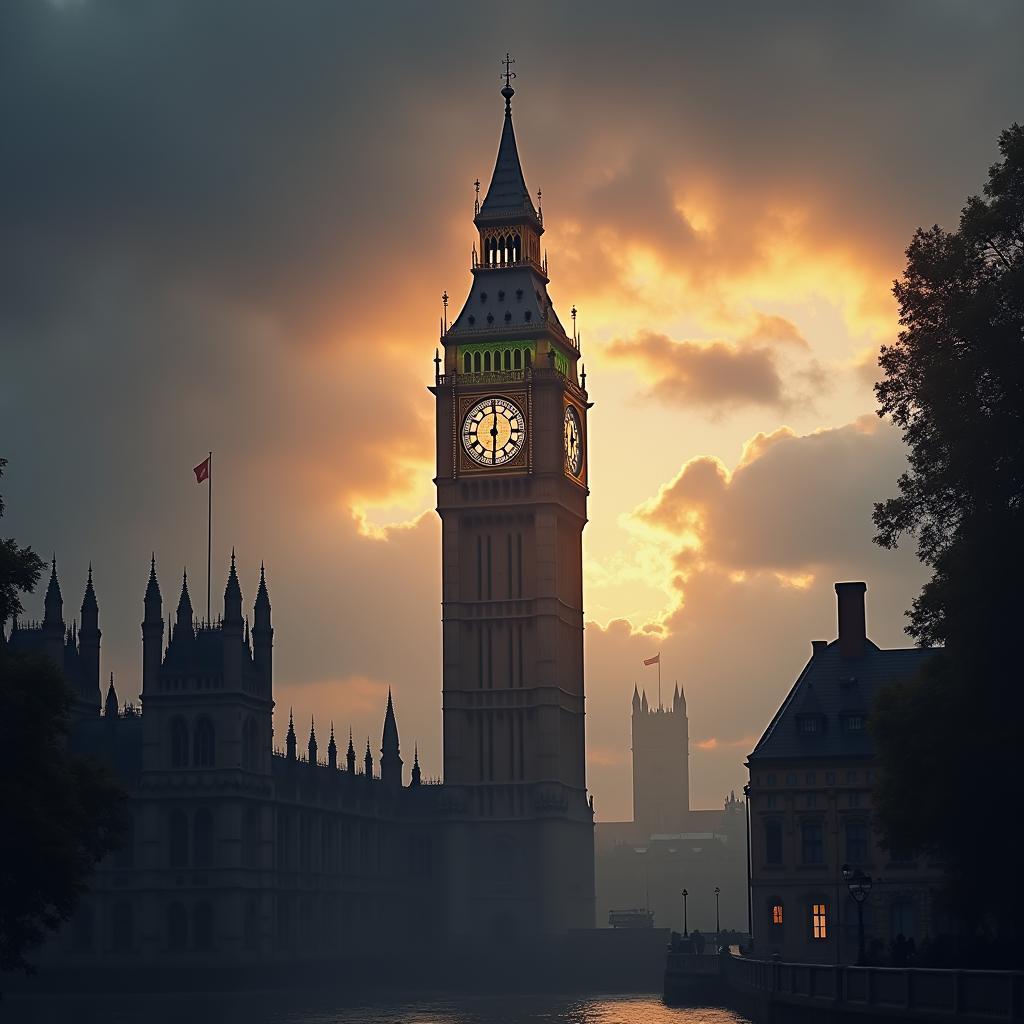 Towering Clock Spire Against a Stormy Twilight