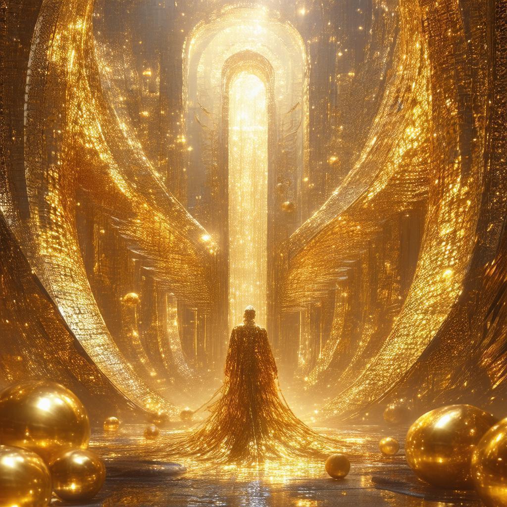 Golden Sculpture Orbited by Spheres of Light