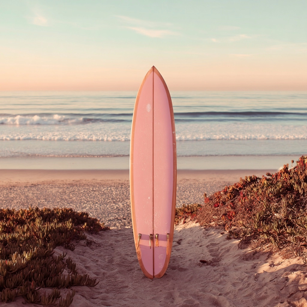 Surf board on california beach with pink teint, warm ambiance