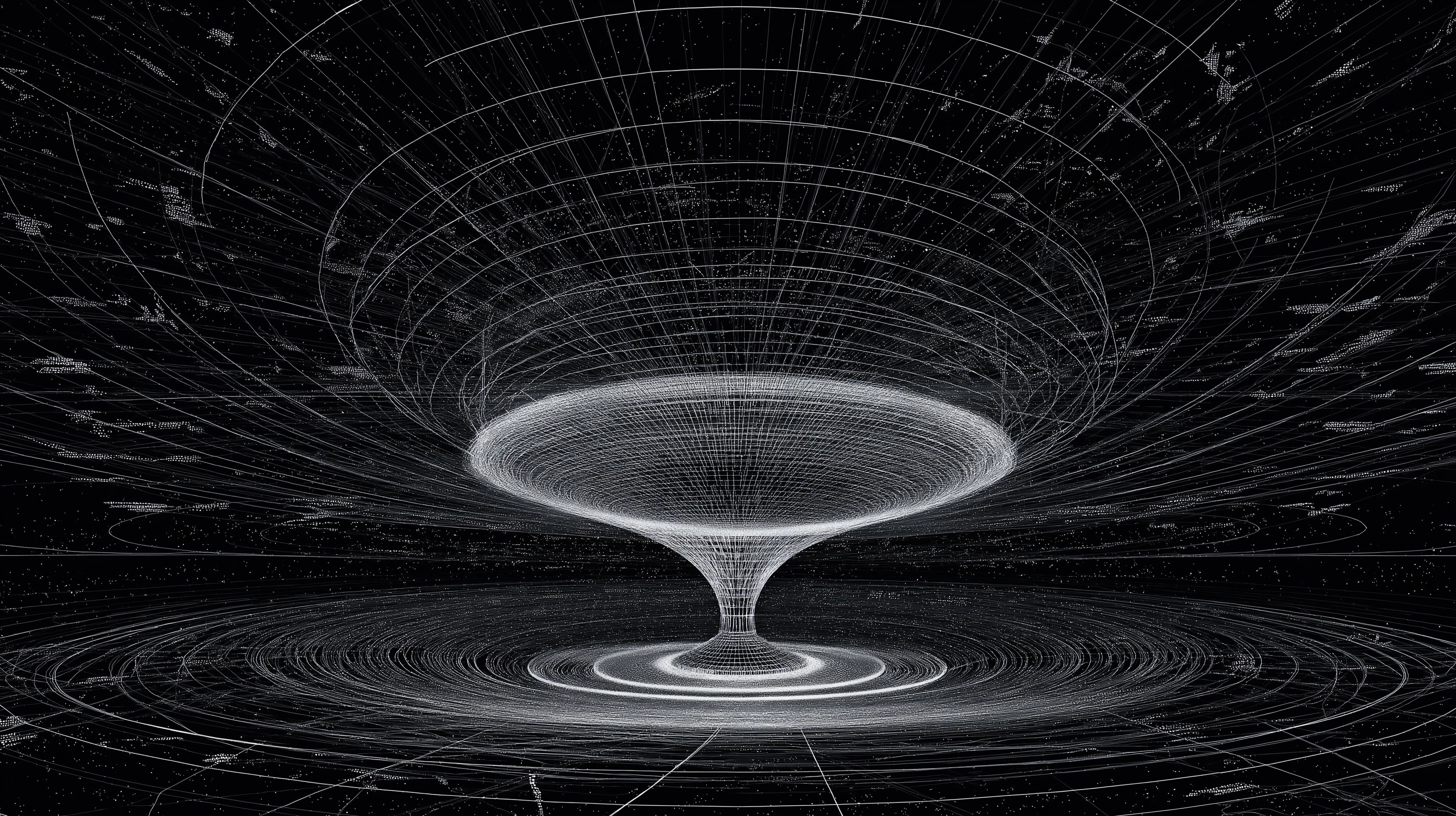 This should look like a field, not a funnel. The central object should feel almost unstable because