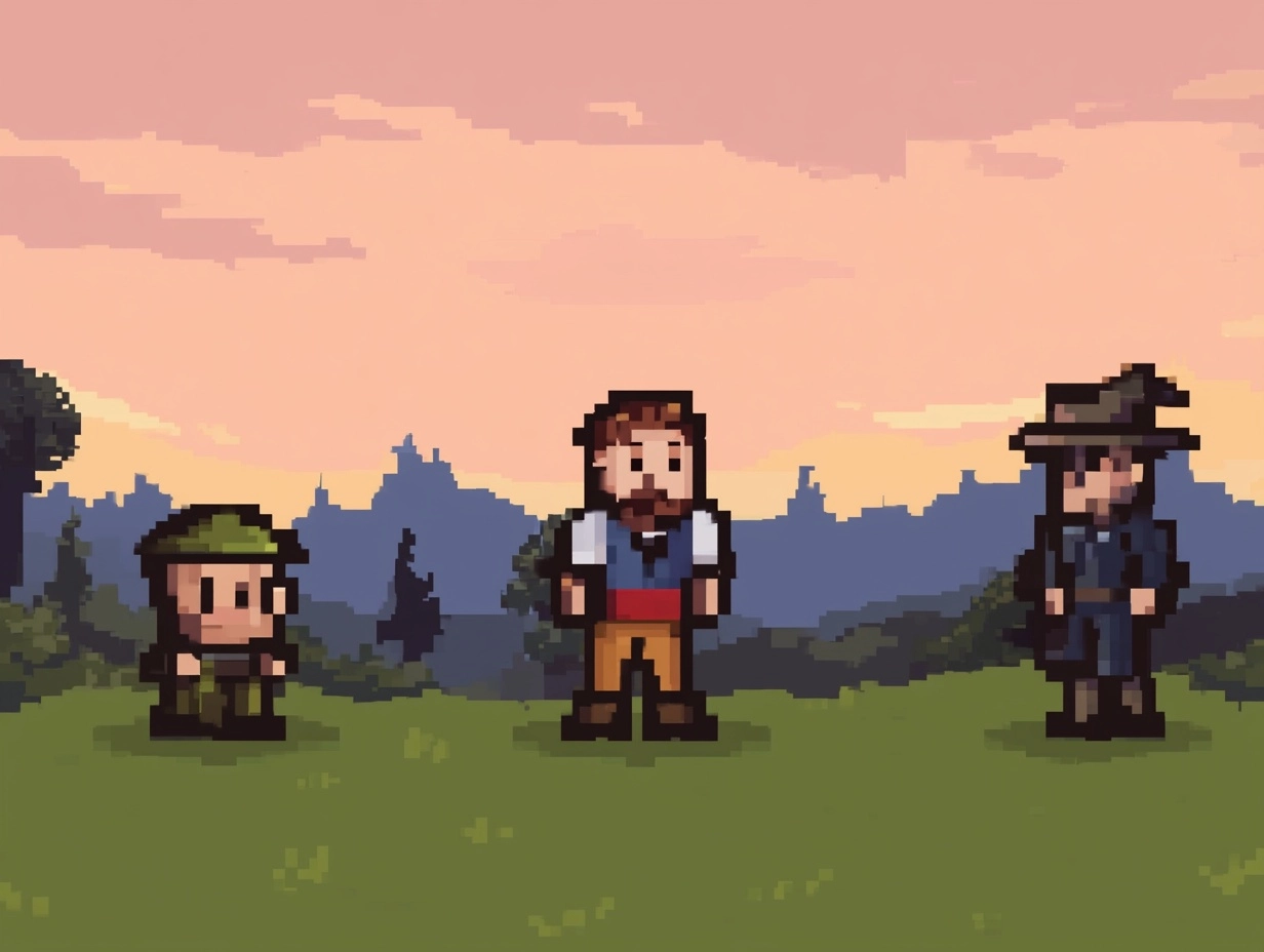 Three characters, simple pixel art style, reminiscent of 1980s-1990s video game designs