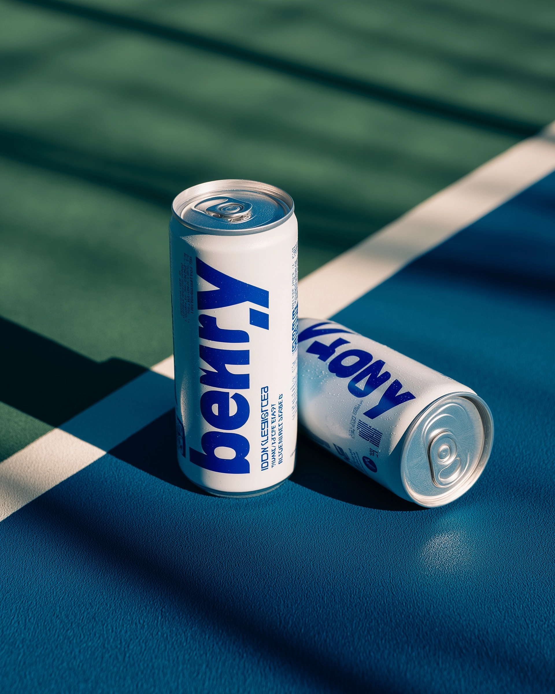 Two white and blue cans of "berry" energy drink on the padel court
