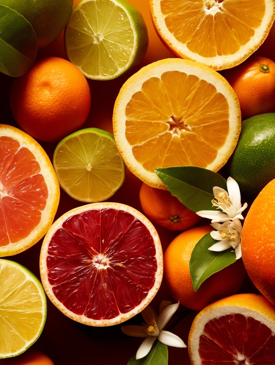 Various coloured citrus fruits, Citrus blossom, Warm natural light, cinematic