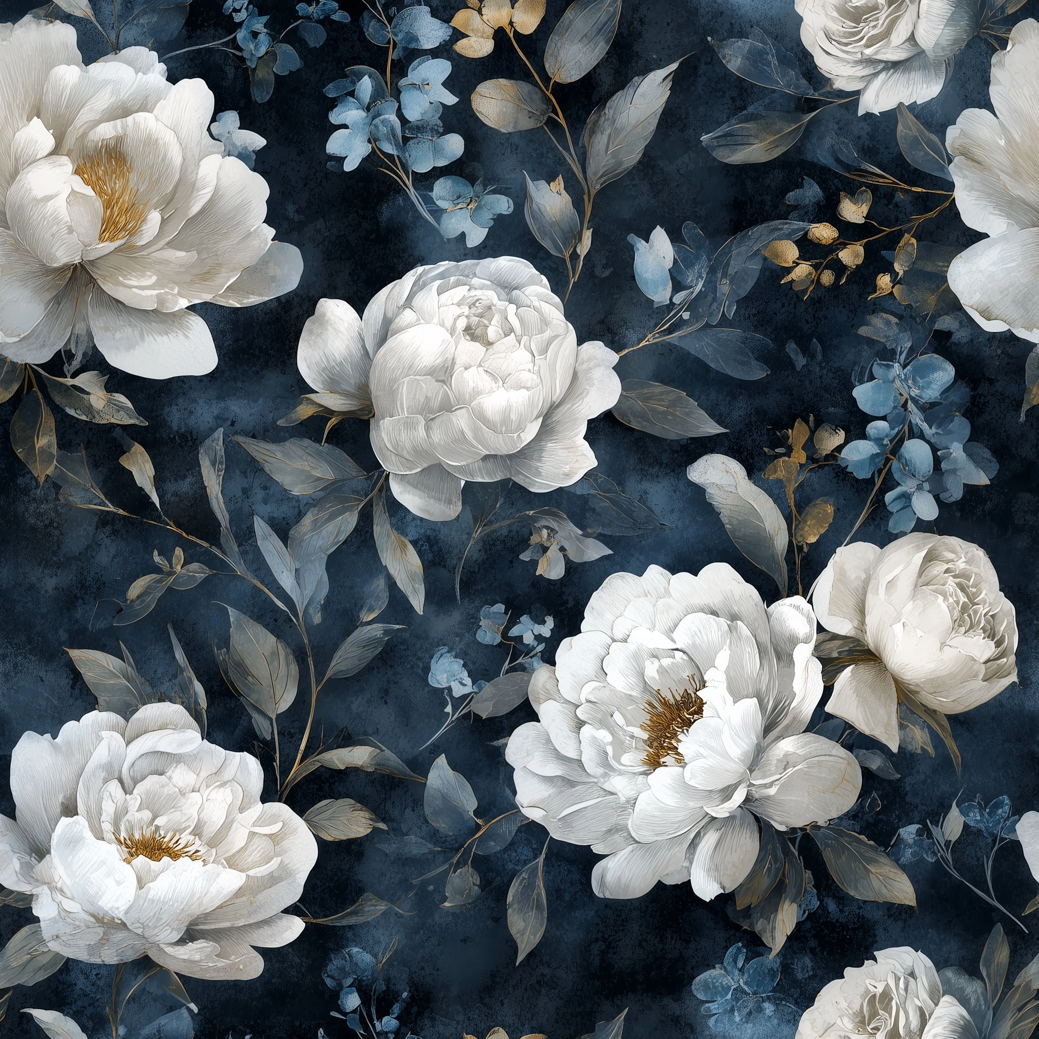 Watercolor dark blue vintage floral peonies, white roses pattern on velvet fabric texture background