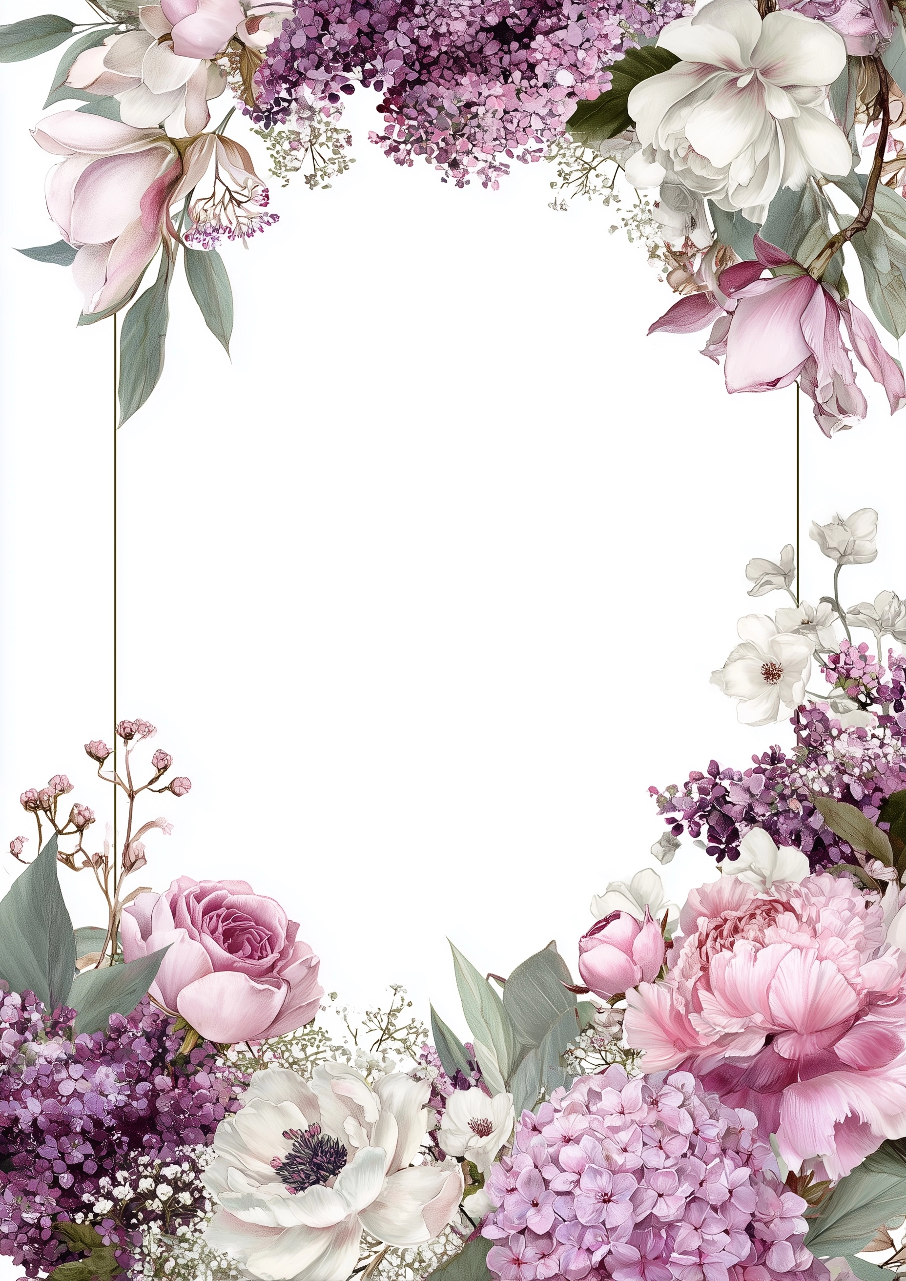 Watercolor lilac mauve rectangular floral frame with roses, peonies, hydrangea, magnolia