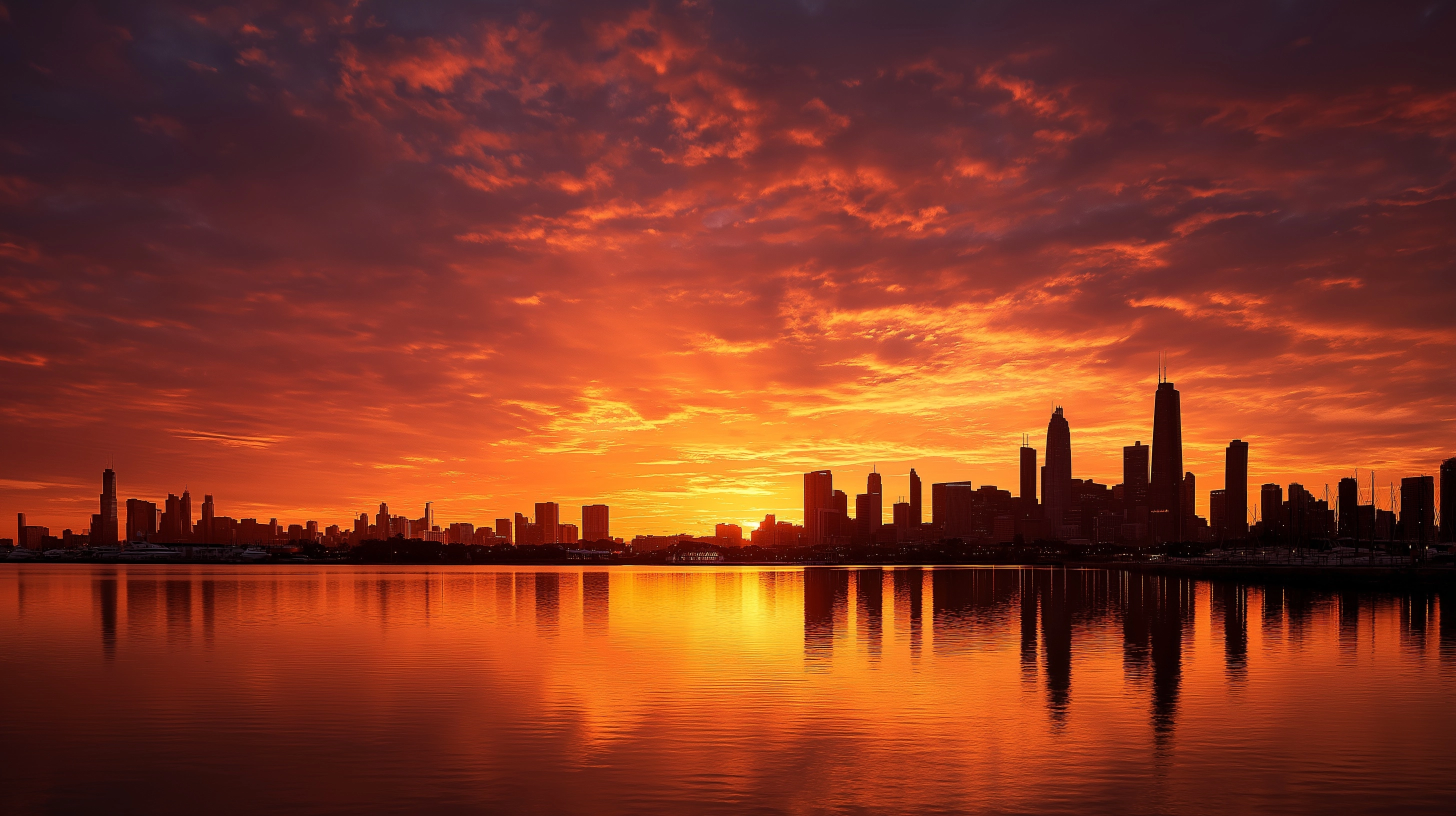Wide shot. a silhouetted city skyline during a sunrise. high contrast. warm hues