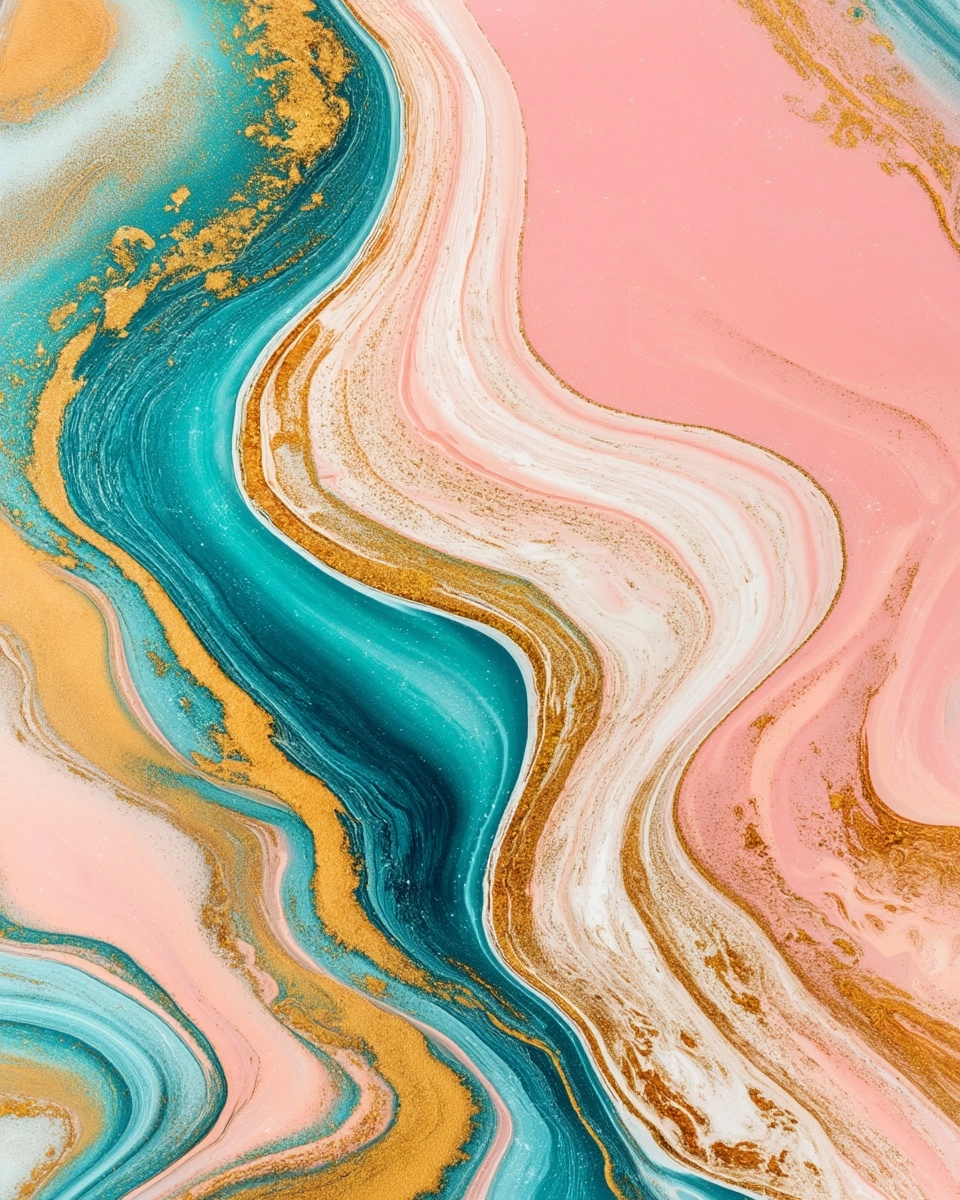 With an abstract pattern of swirling teal and gold marble, on a pink background.