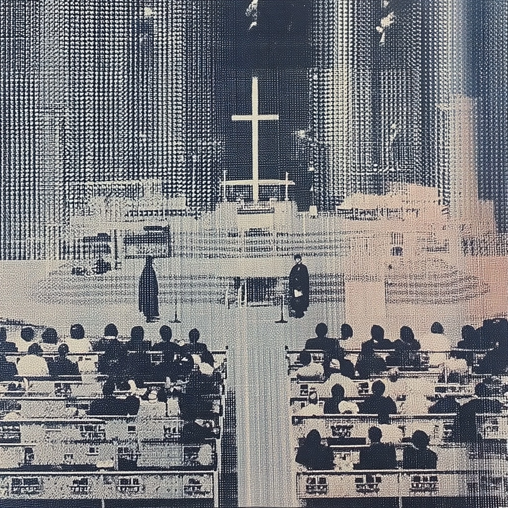 Church service showcasing an AI-powered funeral product, using simple modern graphic design
