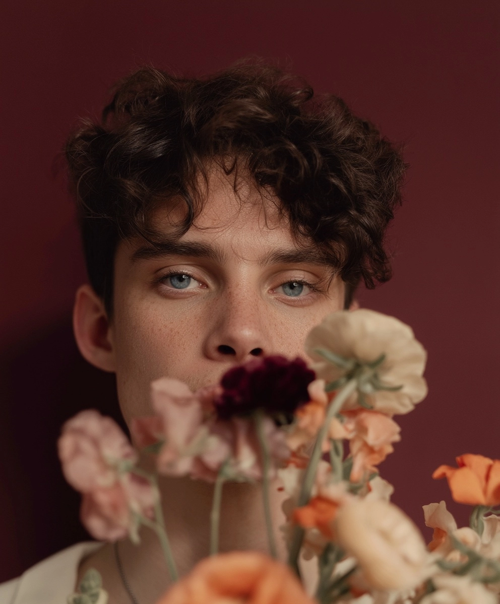 Artistic portrait of the elegant young man, with brown hair, blue eyes, freckles