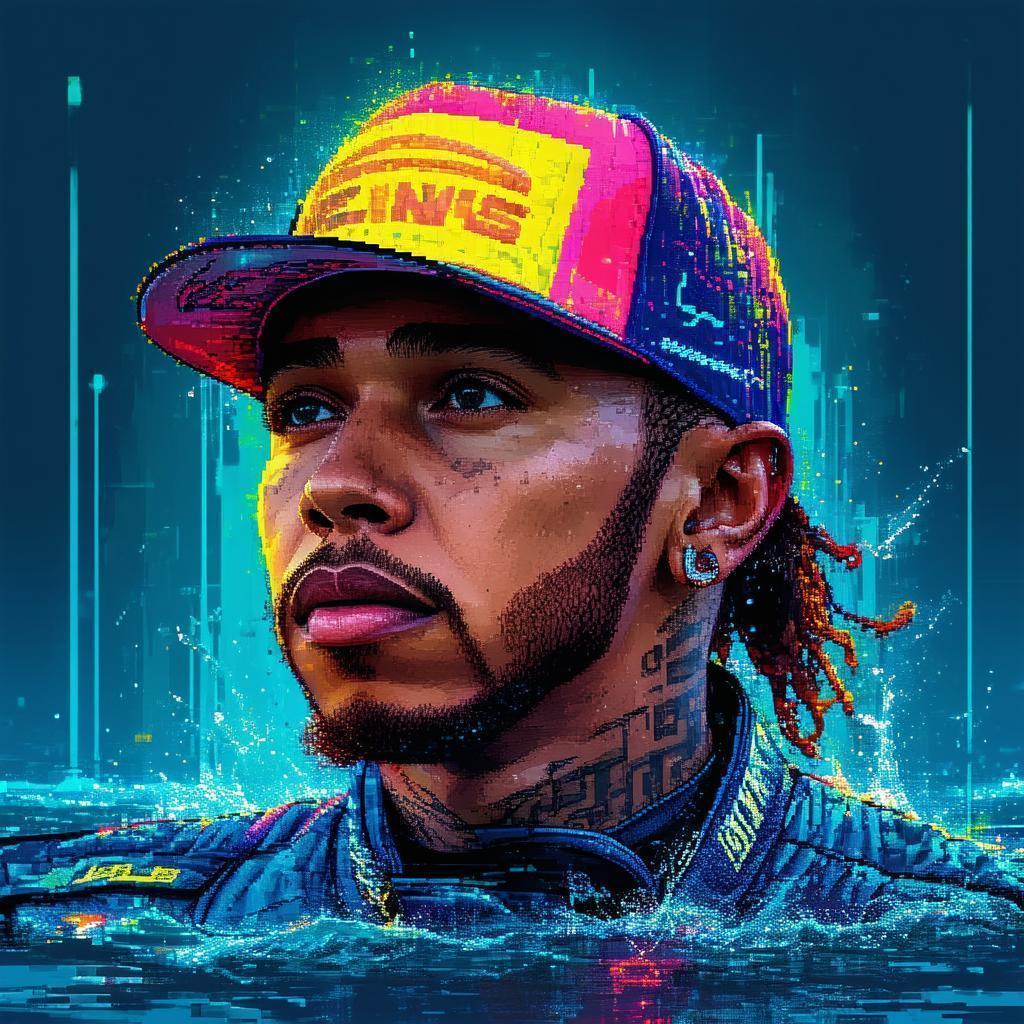 Lewis Hamilton Pixel Portrait With Cyberpunk Ripples