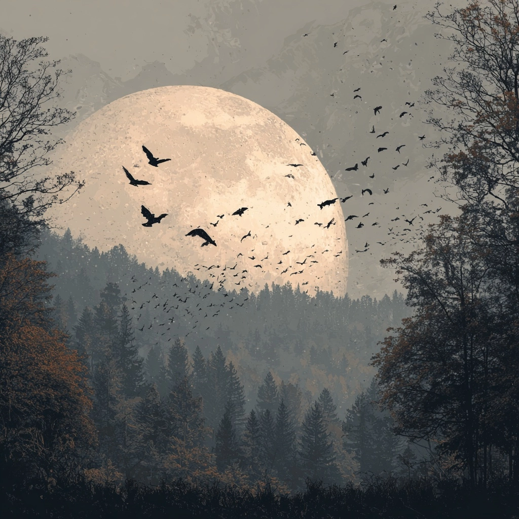 Bats flying past the moon over a forest