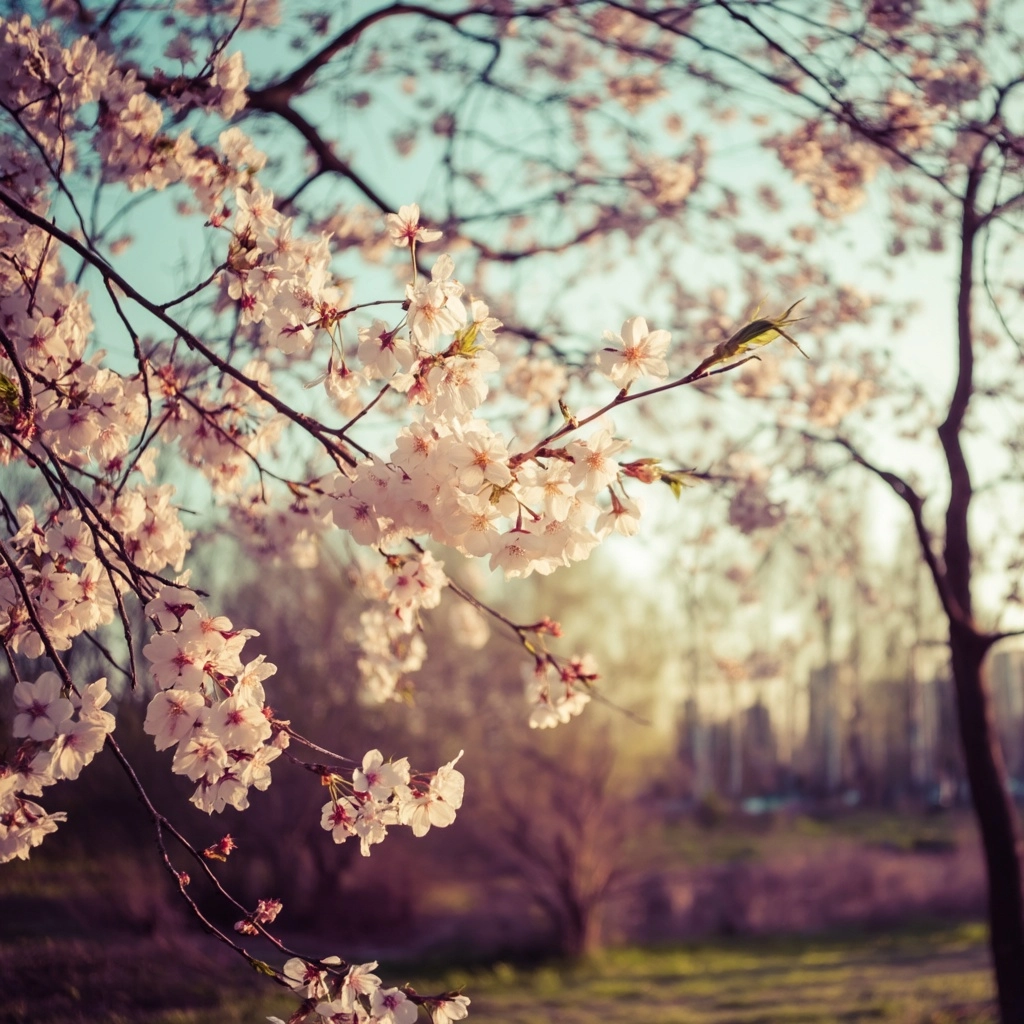 Soft daylight, translucent cherry blossoms, atmospheric light, gentle breeze, poetic mood