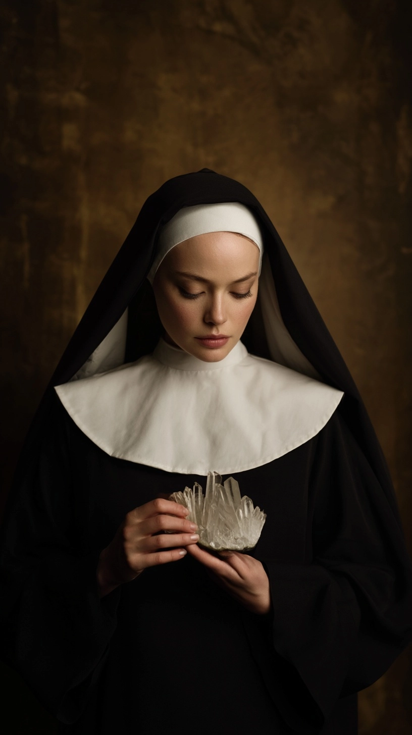 A Catholic female saint nun, depicted in a strong, moody