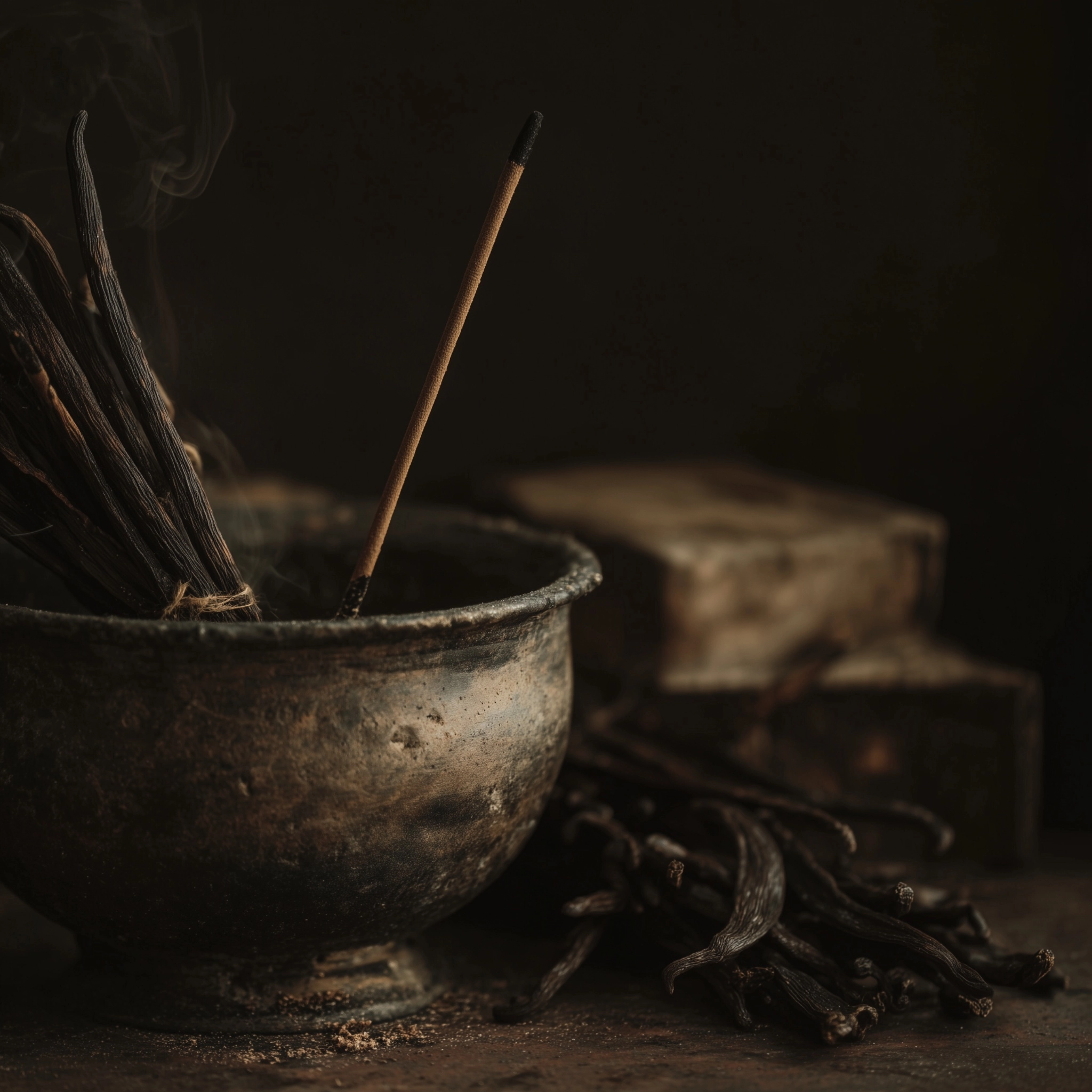 Incense and vanilla pods and santalwood