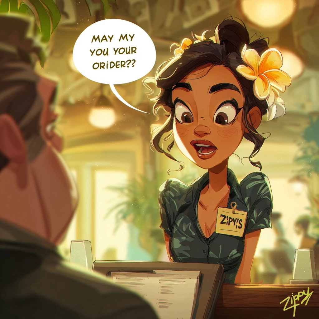 Zippys employee asking "may i take your order" in hawaiian pidgin