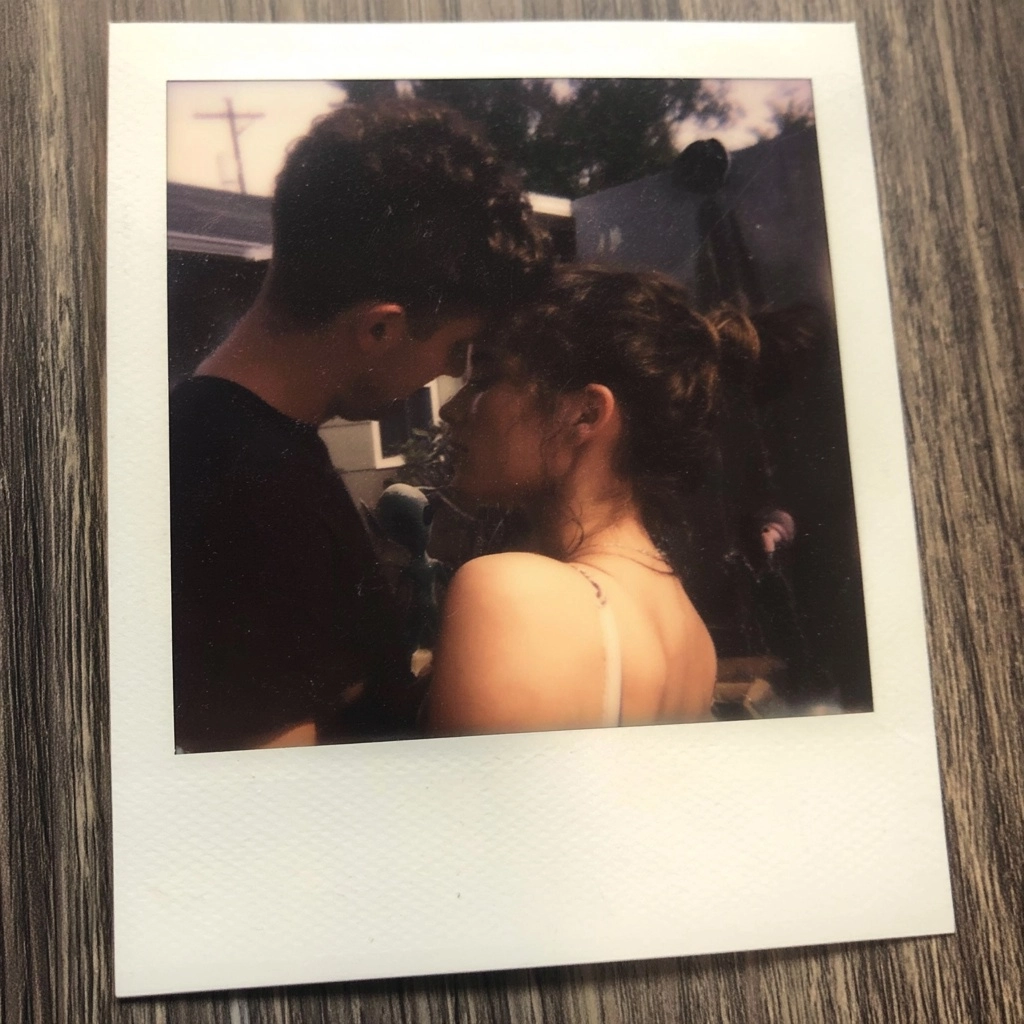 Polaroid image of a couple with a small alien in the background