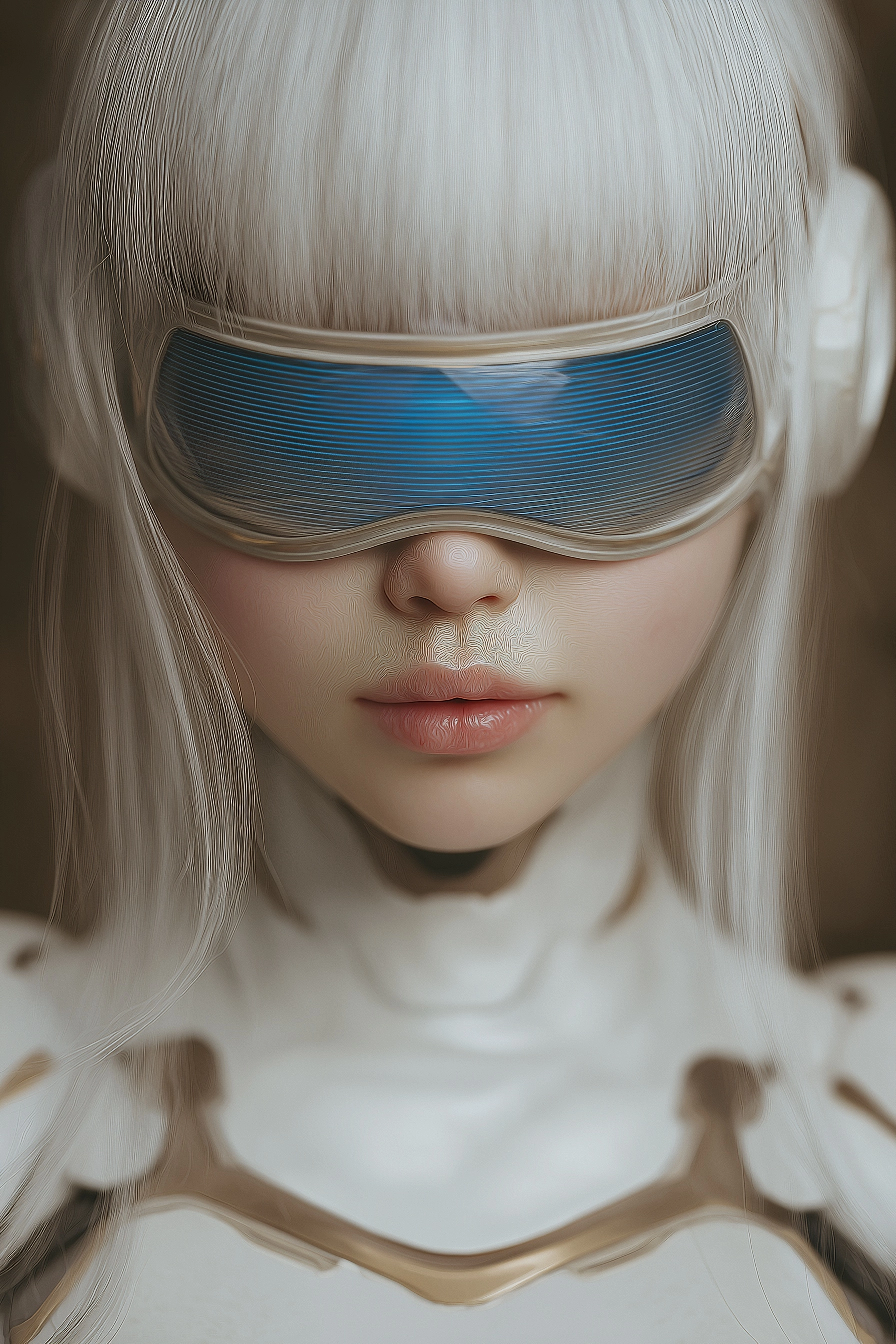 A woman with white hair, a futuristic mask, and headgear that covers his face in the style of Ghostp