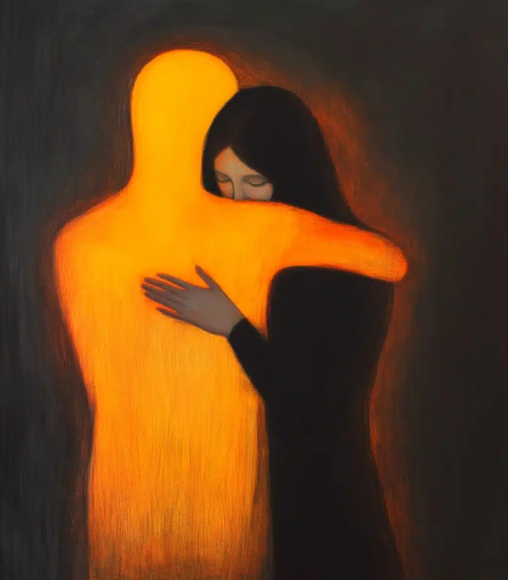 Minimalist Woman Embracing Orange Figure