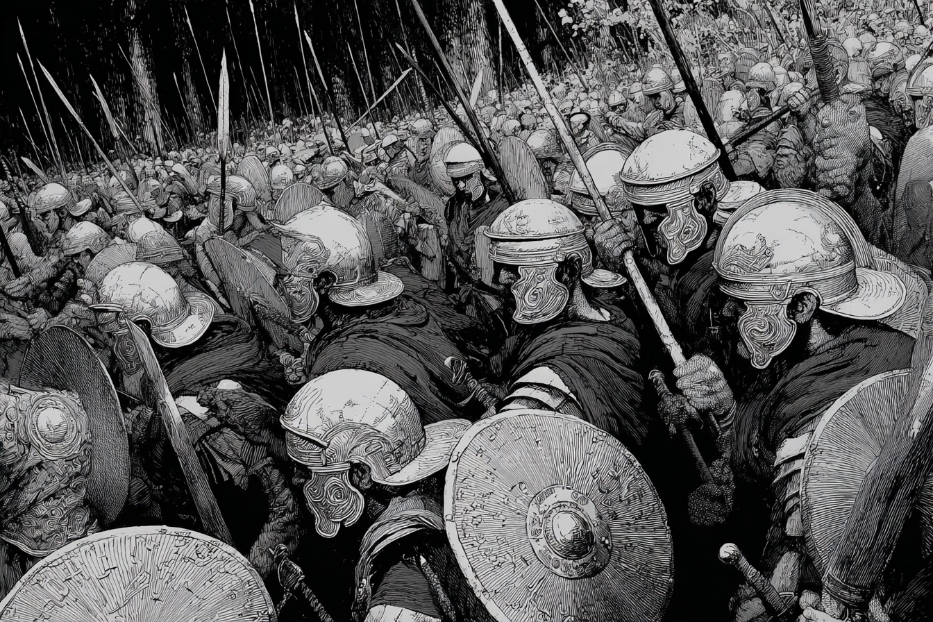 Shield wall close up black and white noire forest legionary battle formation, roman wide angle