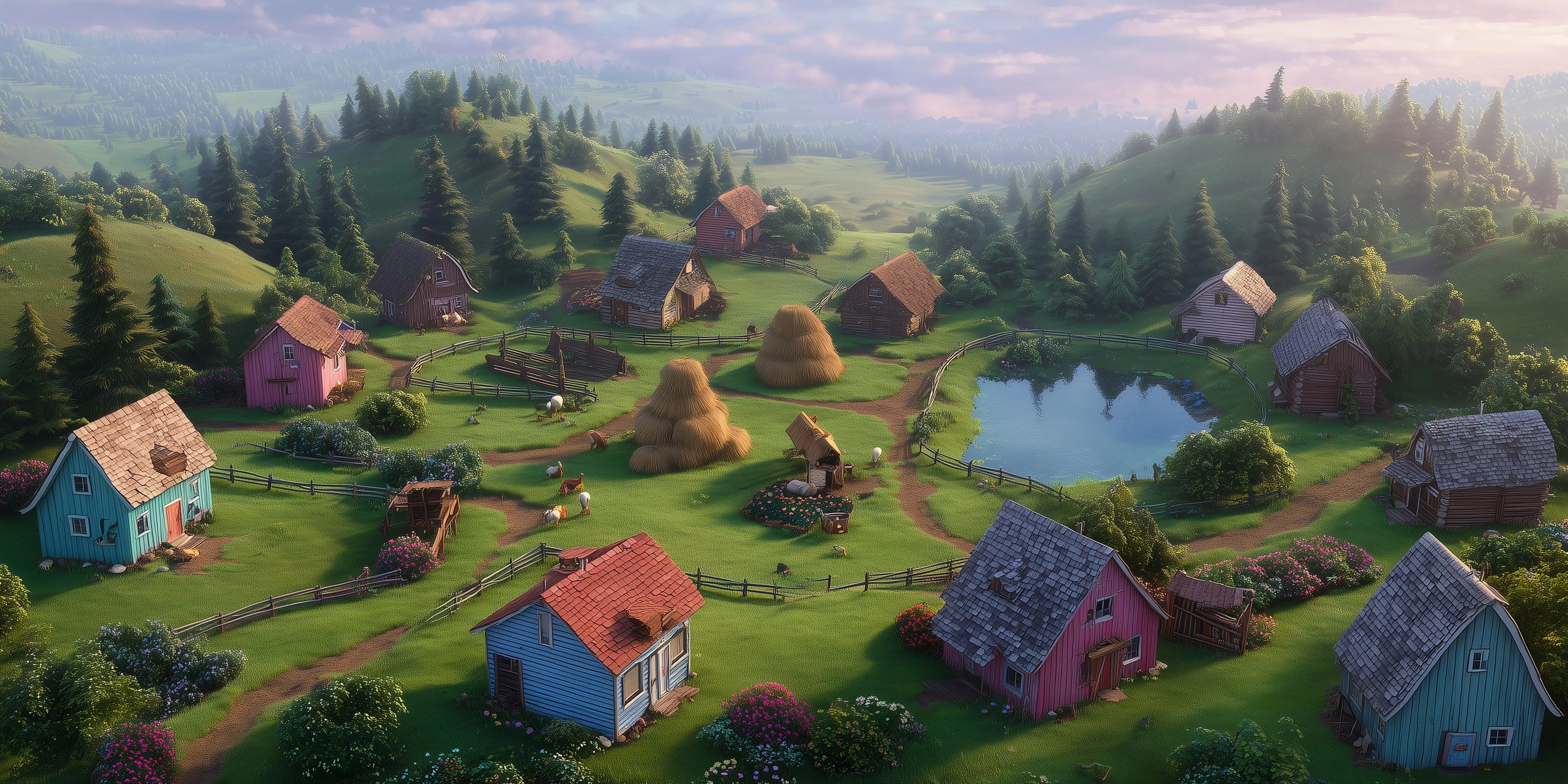 A 3D-animated, cinematic, overhead view of a cute farm featuring 8 Pixar-style buildings dedicated e