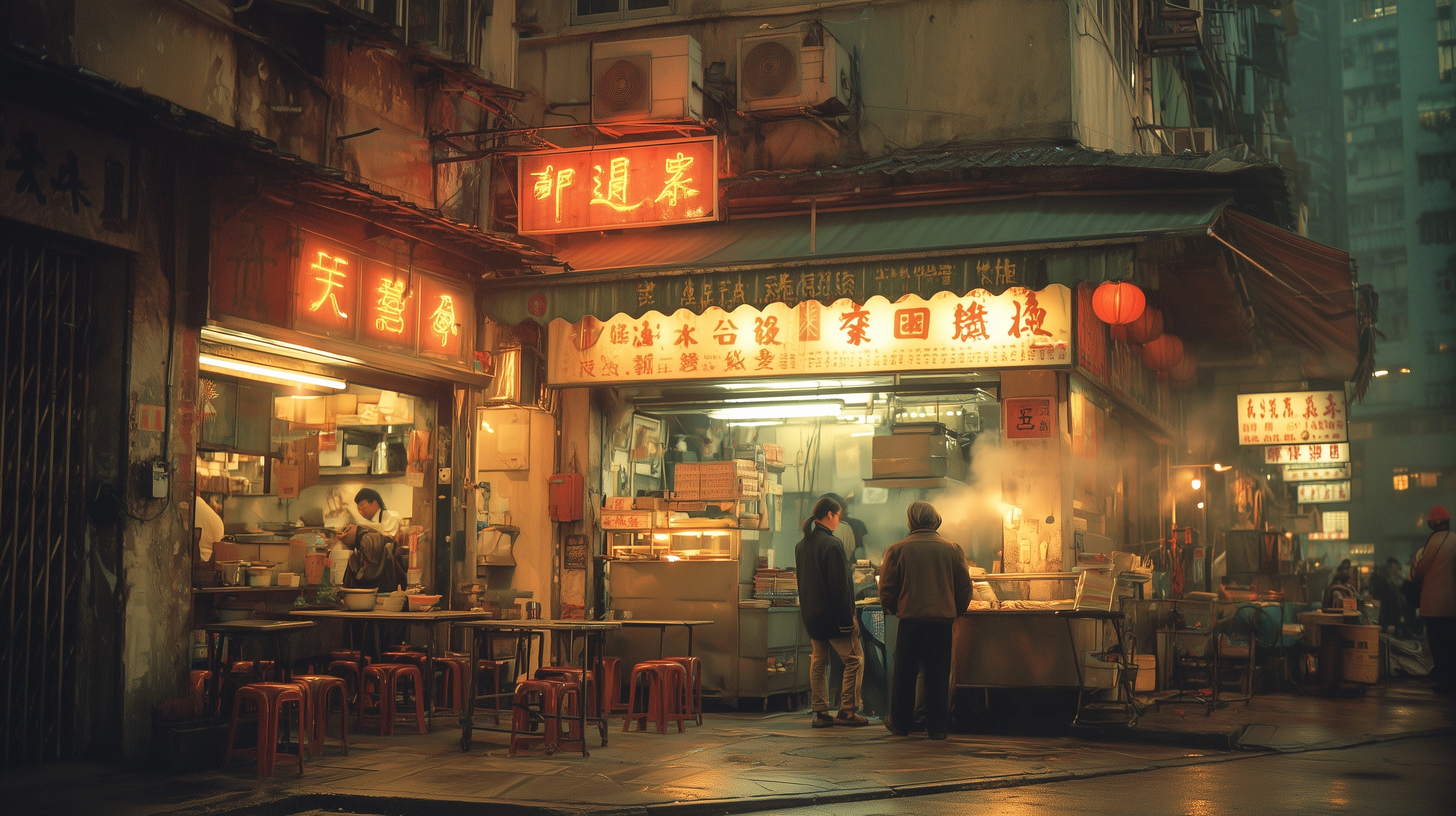 1990s Hong Kong street scene, vintage atmosphere, a traditional wonton noodle stall named "永利雲吞麵" op