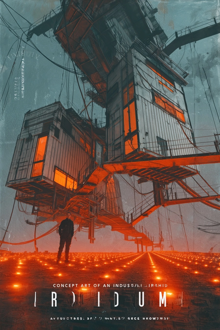 A book cover with the text " concept art of an industrial airship called iridium" showing two large