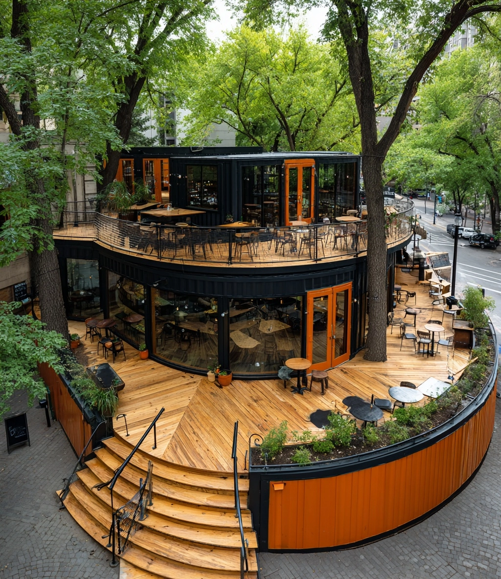 A circular design of a two-story, black and orange shipping container coffee shop with a large woode