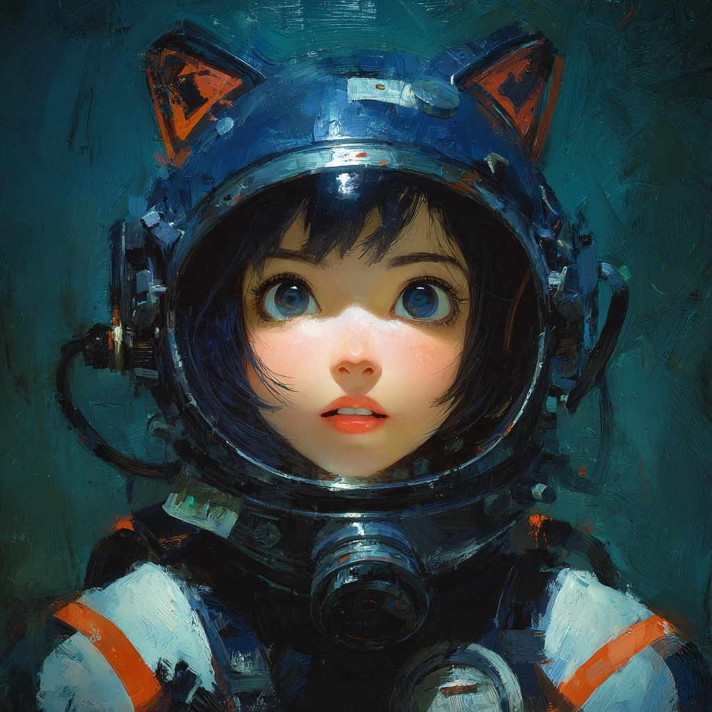 A cute robot girl with cat ears and beautiful eyes, wearing diving suit,looking into the user
