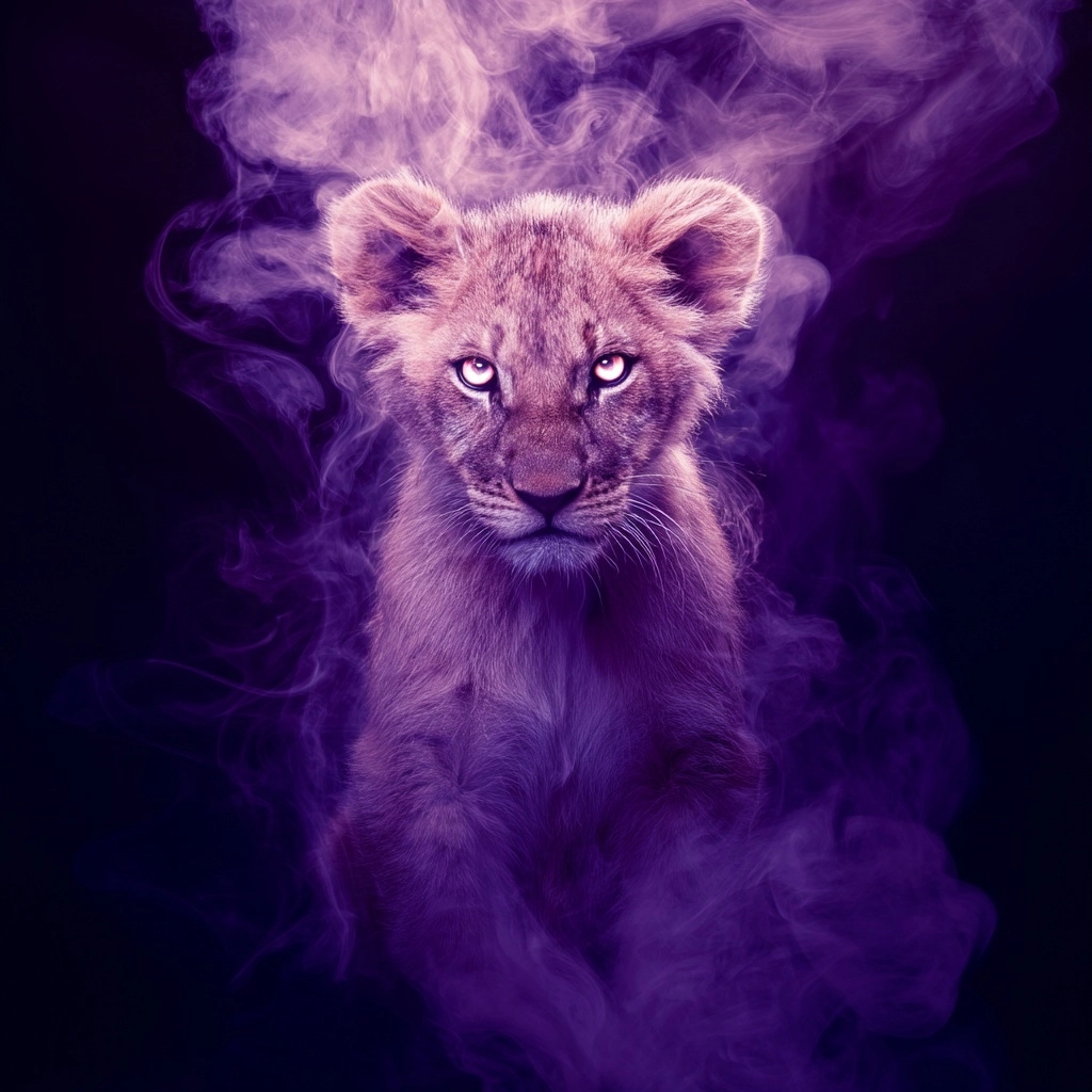 A cute young lion cub, with glowing eyes, surrounded by swirling smoke and light effects