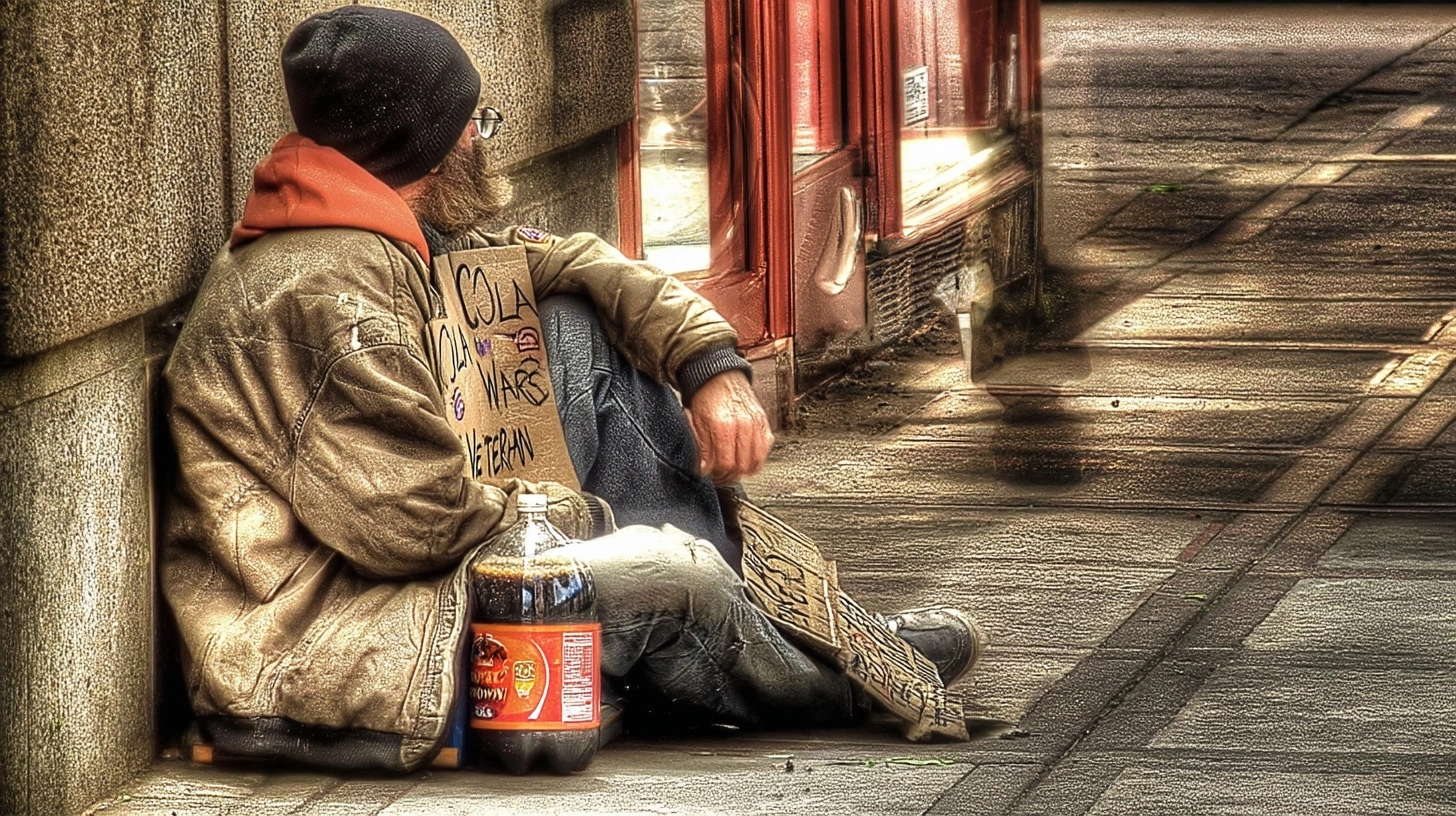 A down on his luck, homeless 55 year old veteran sitting on the sidewalk