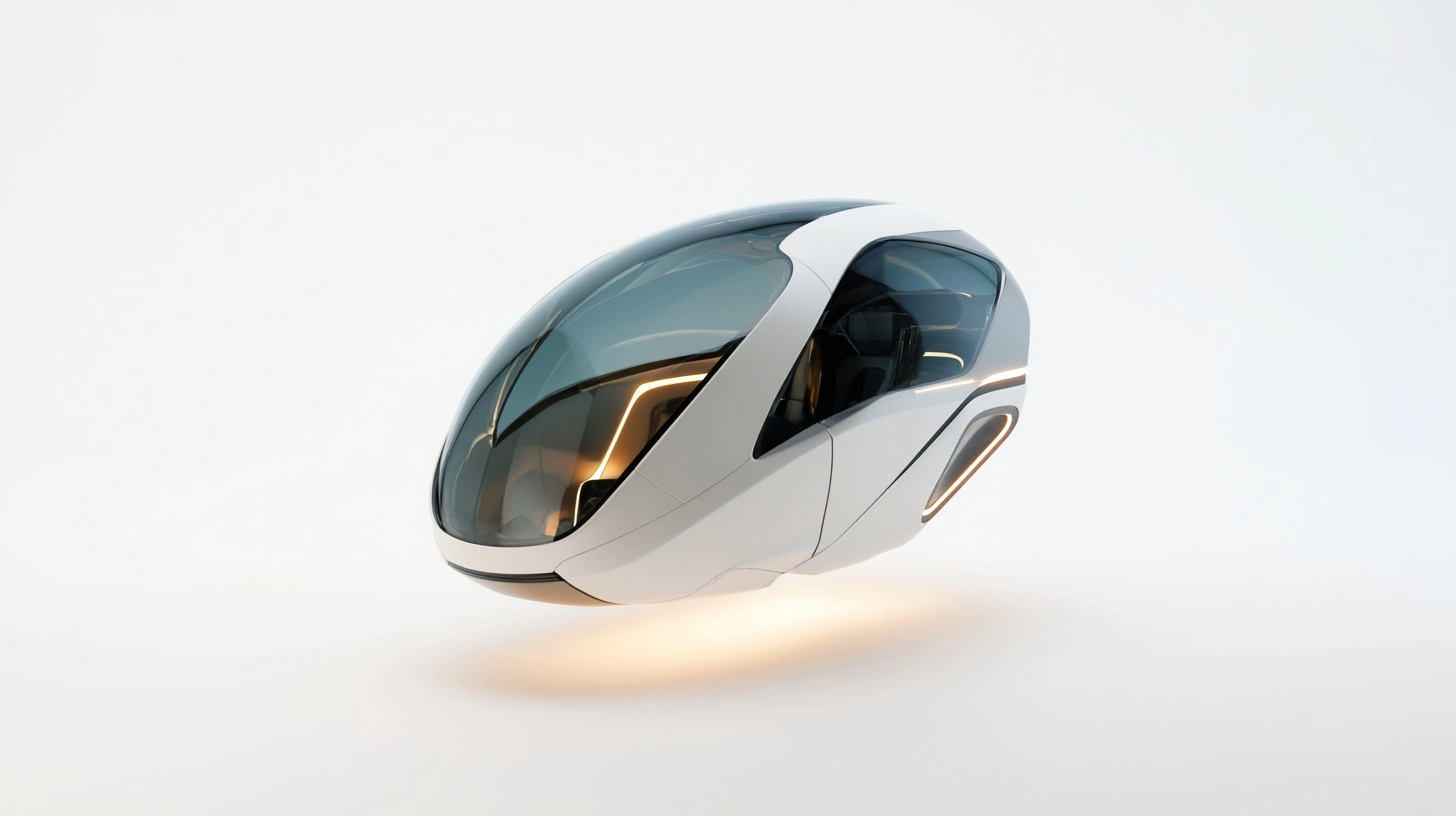 A futuristic personal flying vehicle, sleek pod-like design