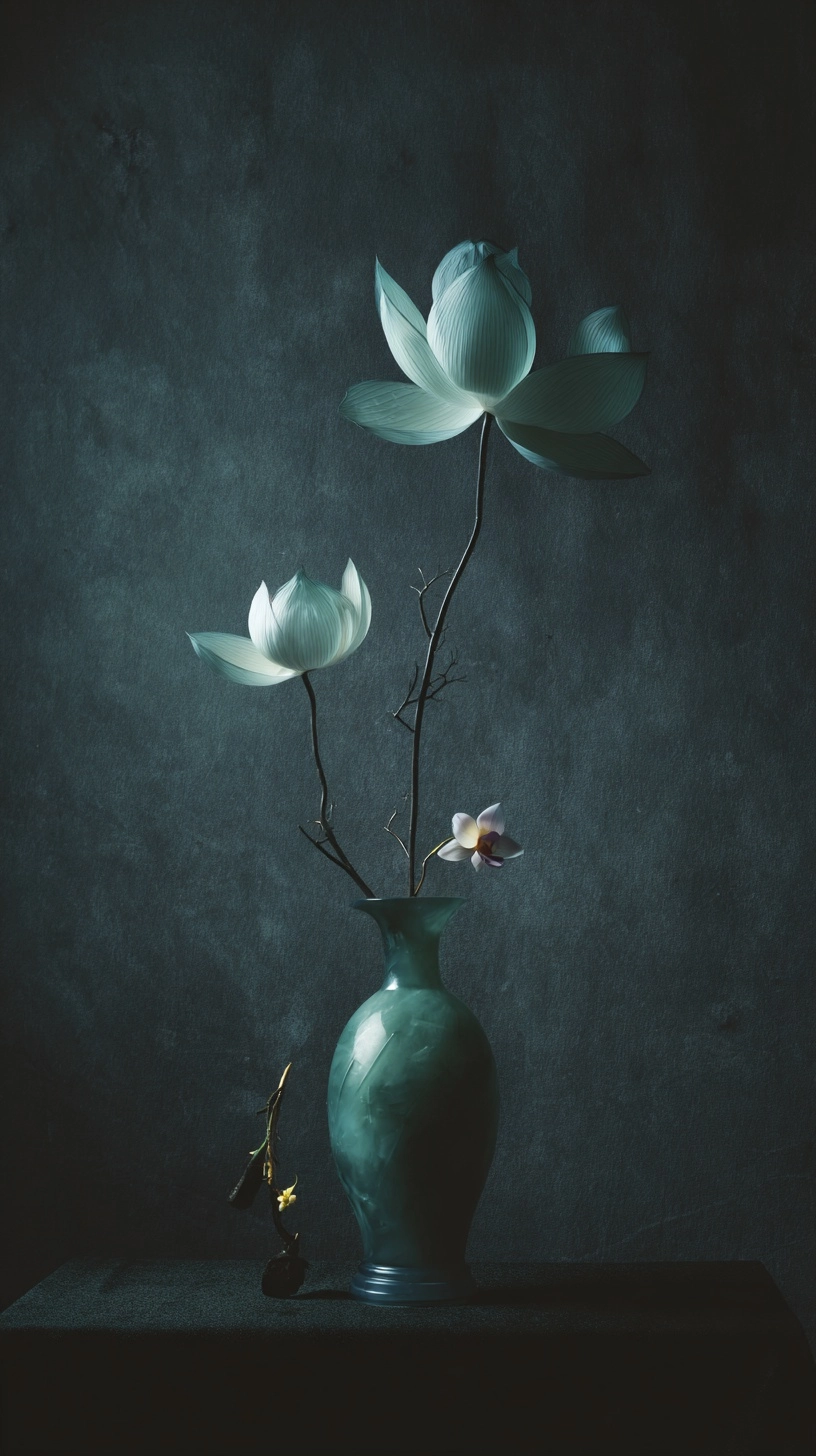 A green, floral arrangement in the style of chinese art
