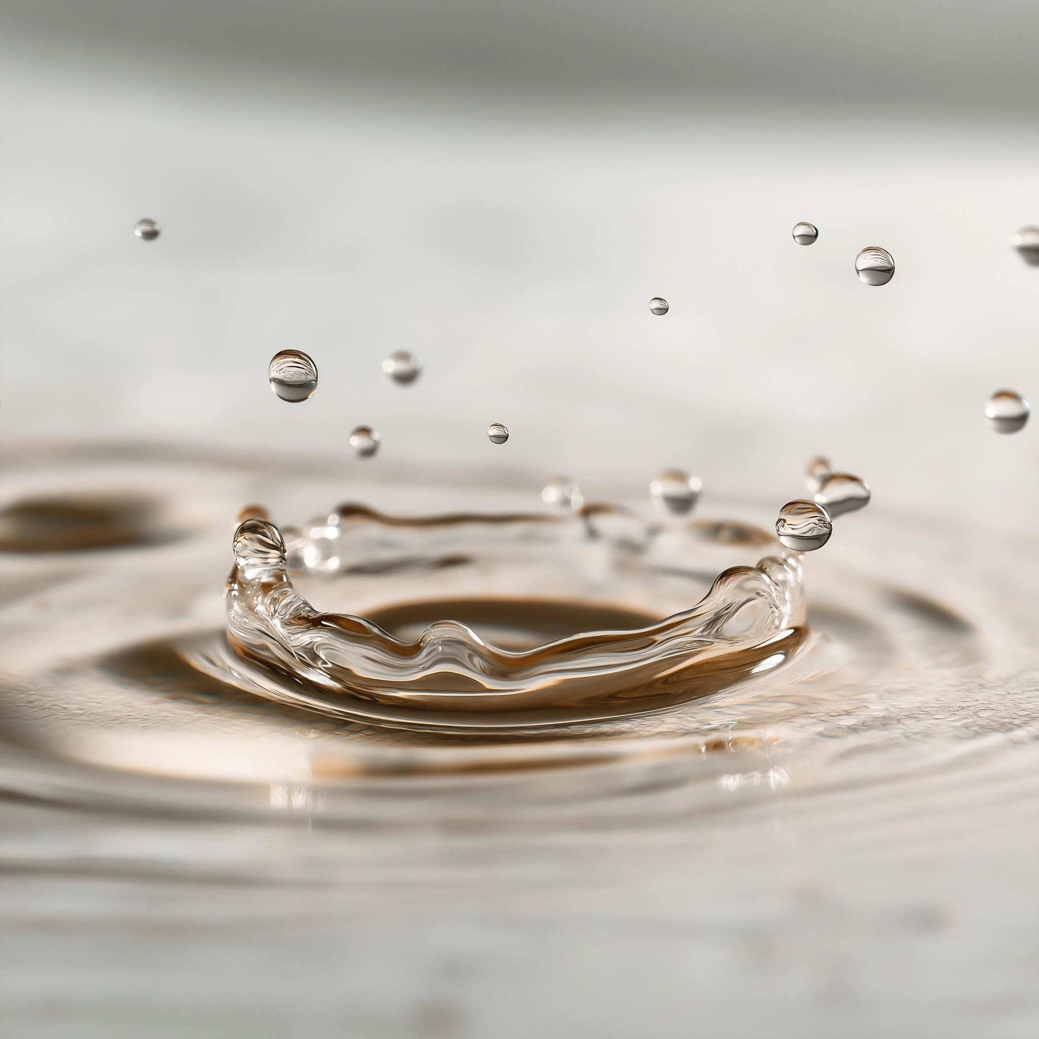 A photograph of liquid on a white background, with splashes around it. the style is minimalistic