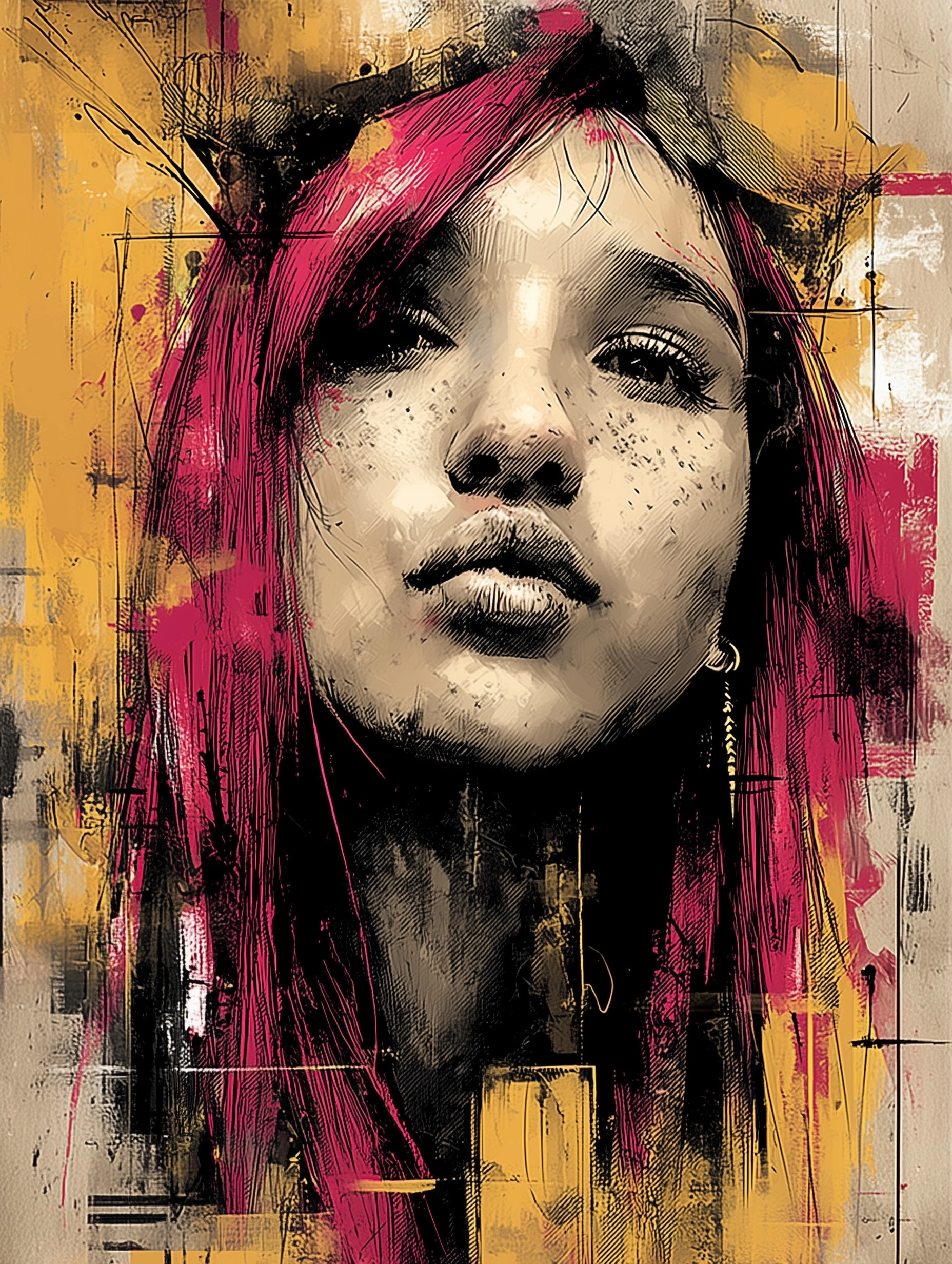 A portrait of a woman with pink hair, drawn in the style of Alex Pardee and featuring inked lines. T