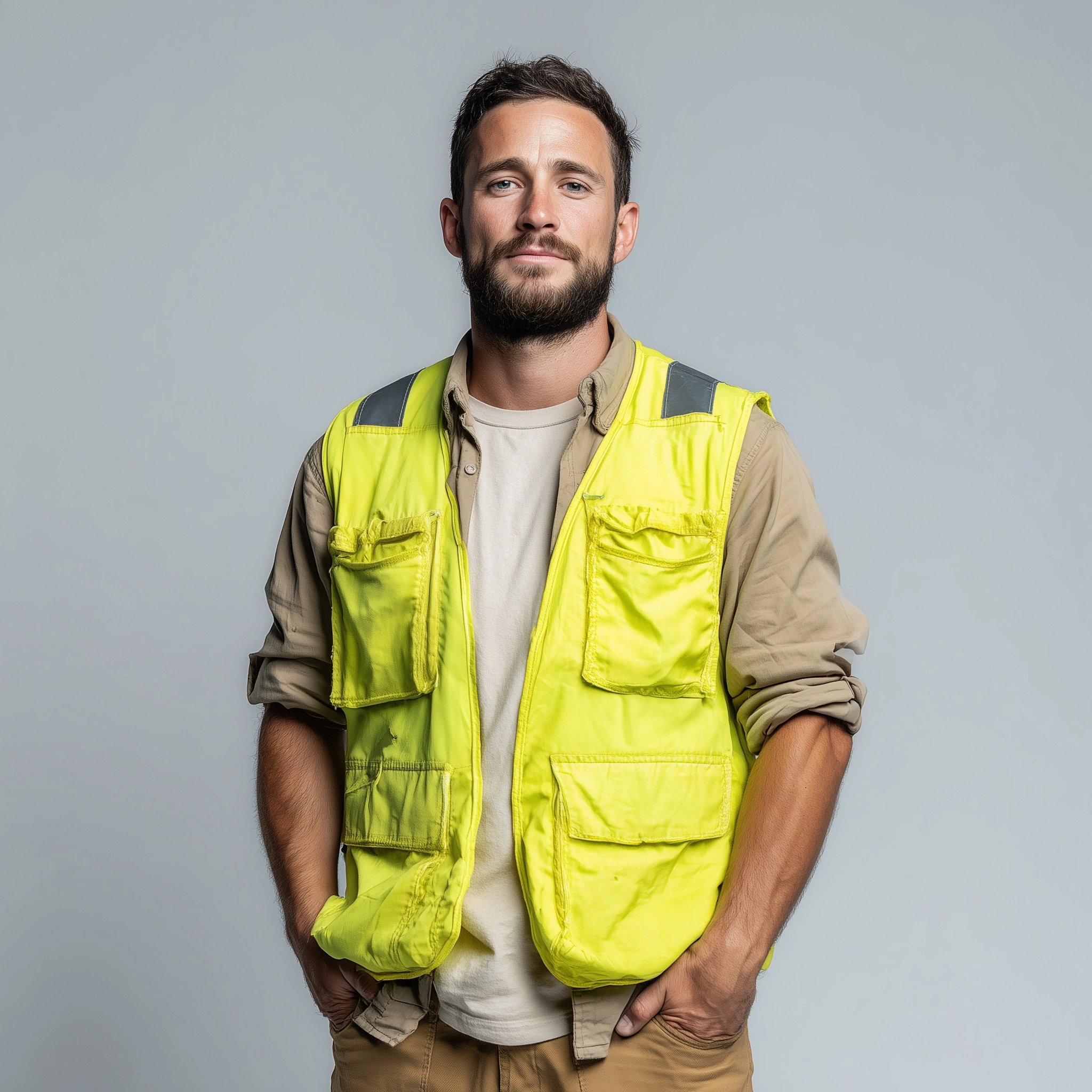 A realistic photo of a 25 year old man, short facial hair. From the waist up. He is wearing a simple