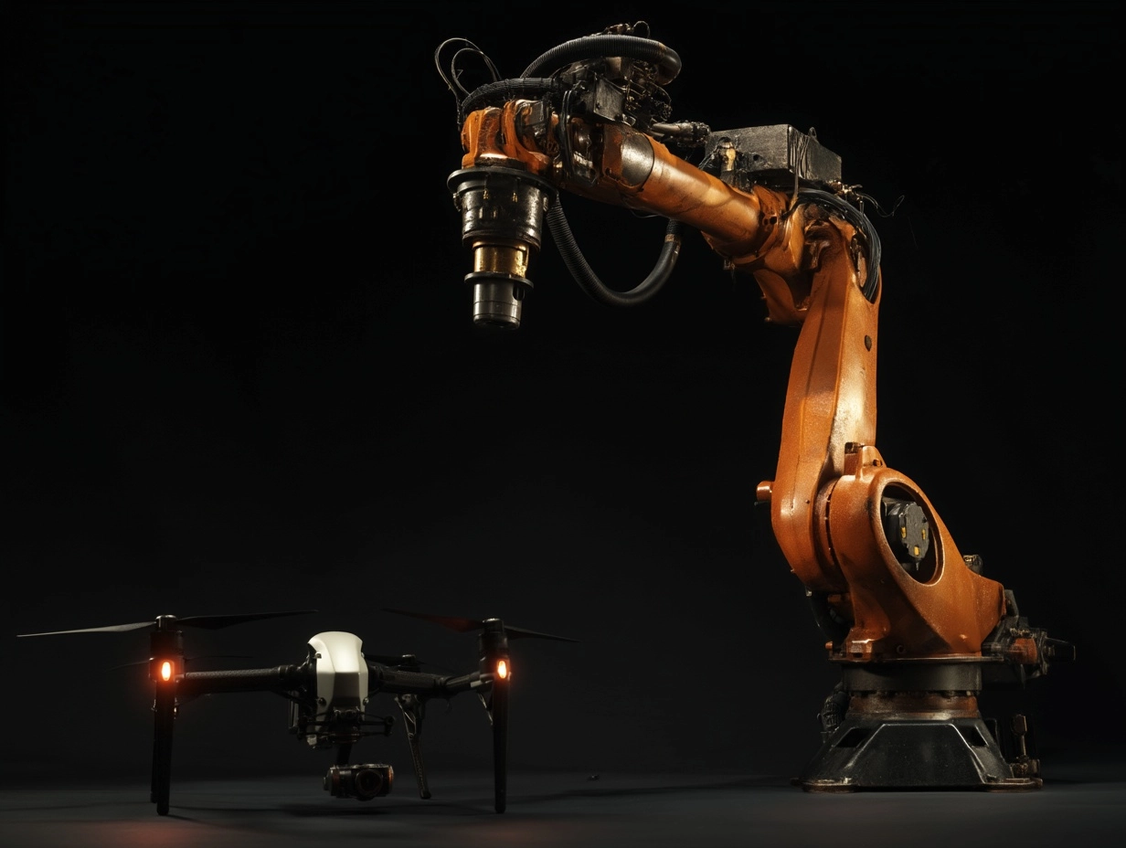 A robotic arm vs a modern drone for scale, black background