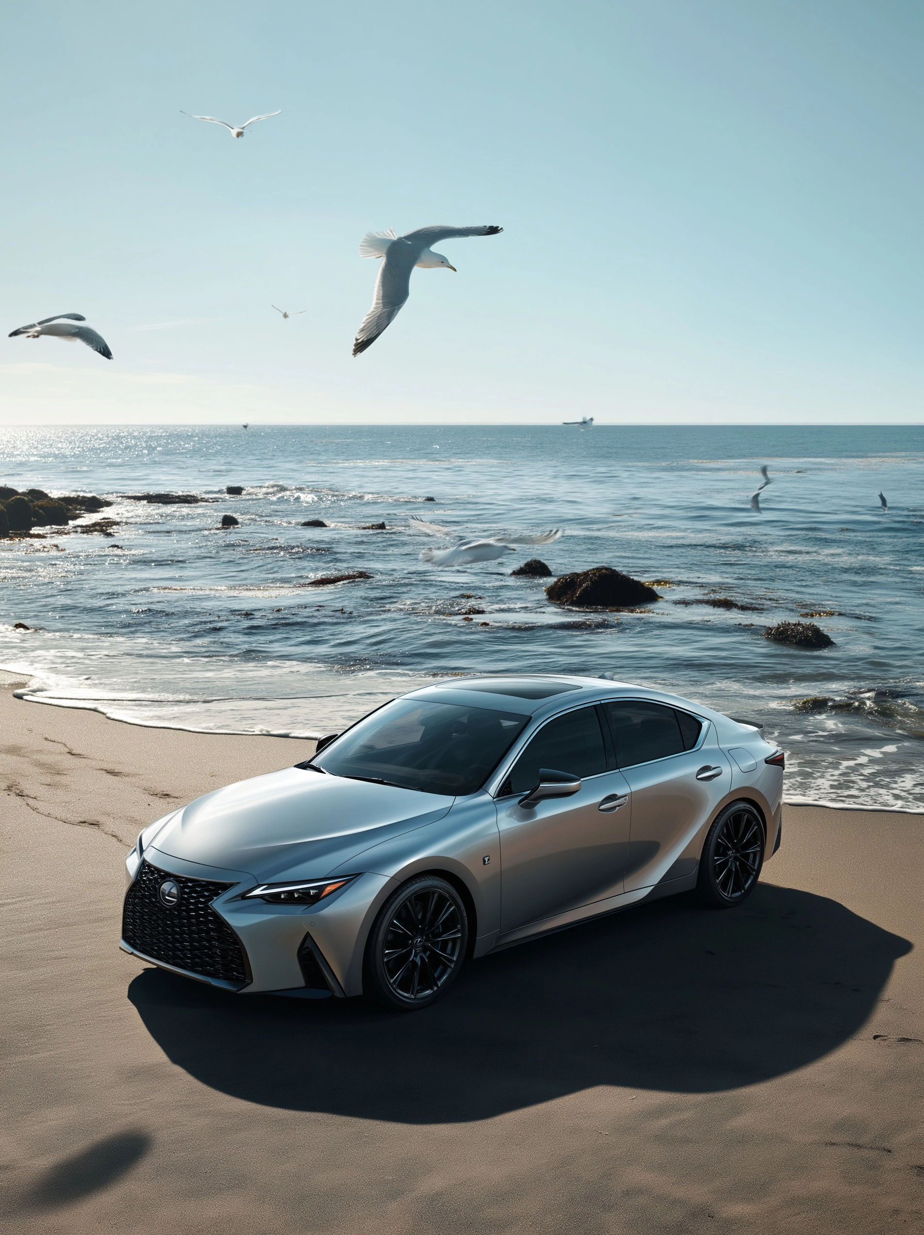 A silver-colored lexus electric car is parked on the beach