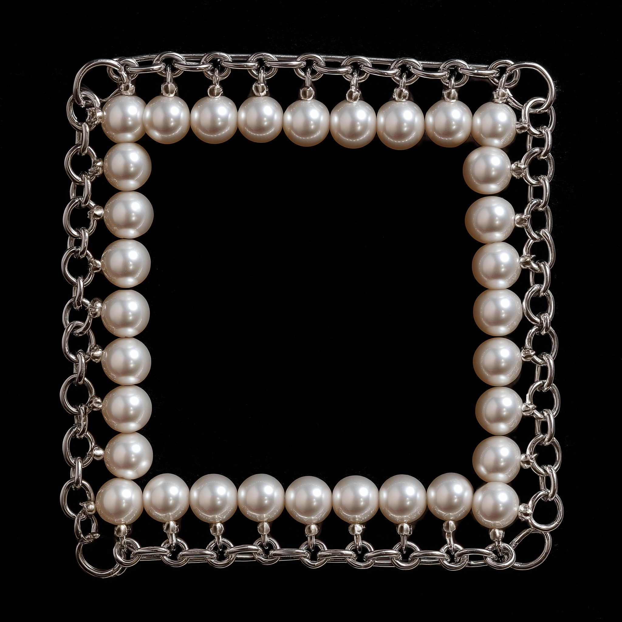 A square frame made of pearls, saftey pins, and silver chain; isolated on a solid black background