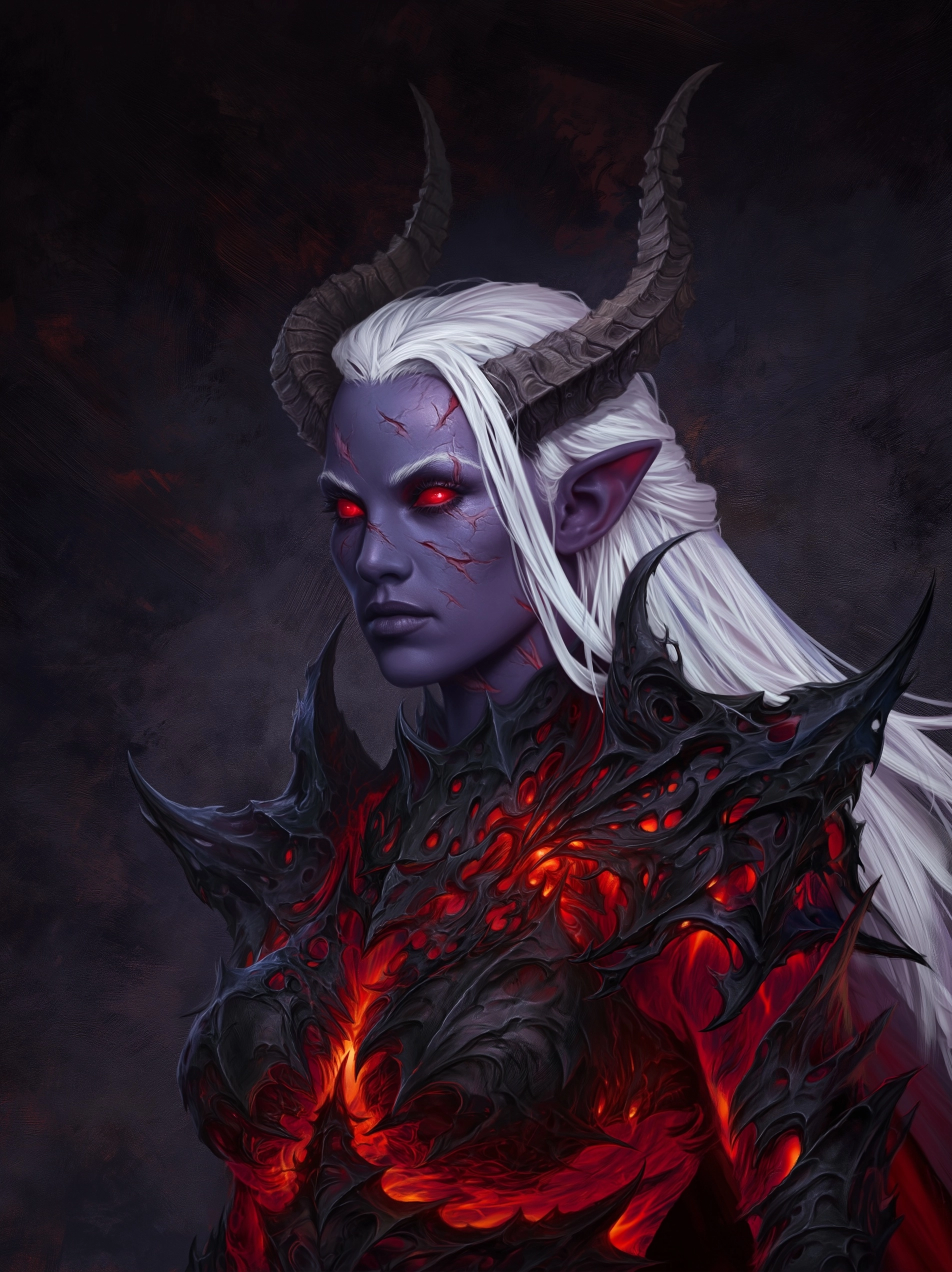 A strong evil female drow character, white hair, purple skin, red eyes, scars, horns