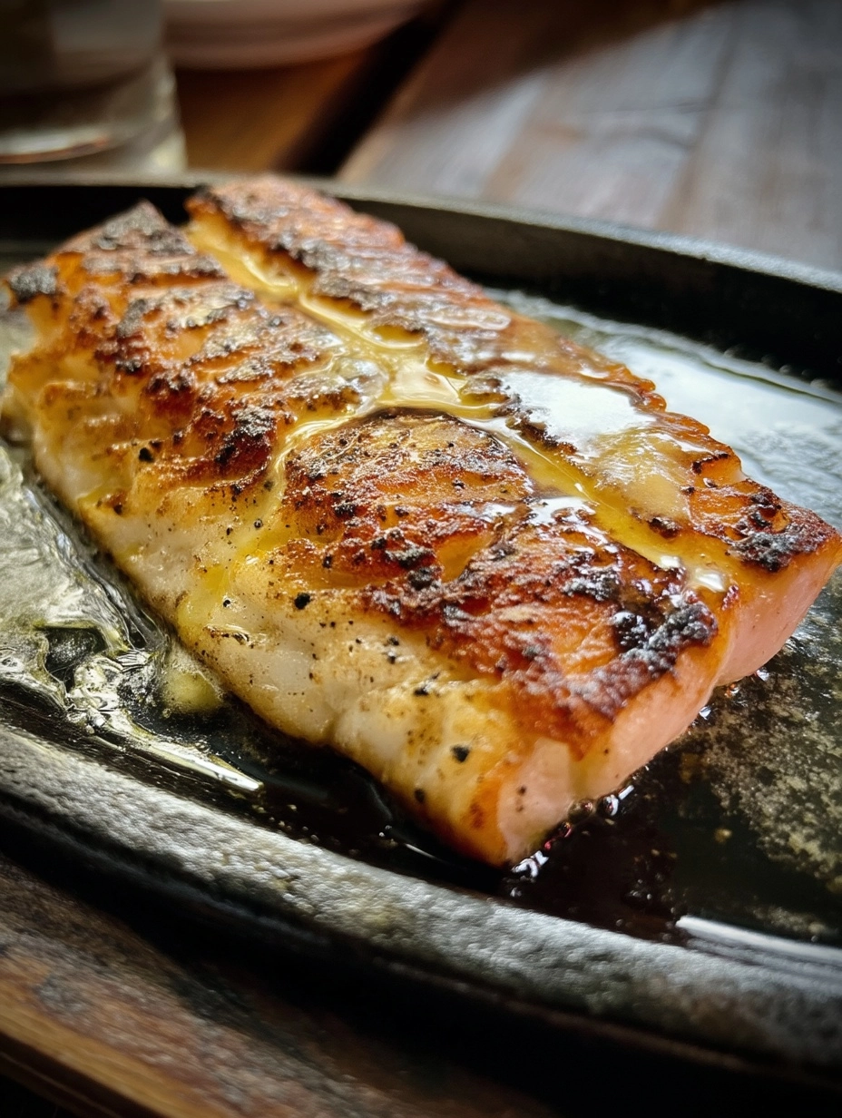A succulent, perfectly grilled cod fillet, showcasing a golden brown sear and delicate