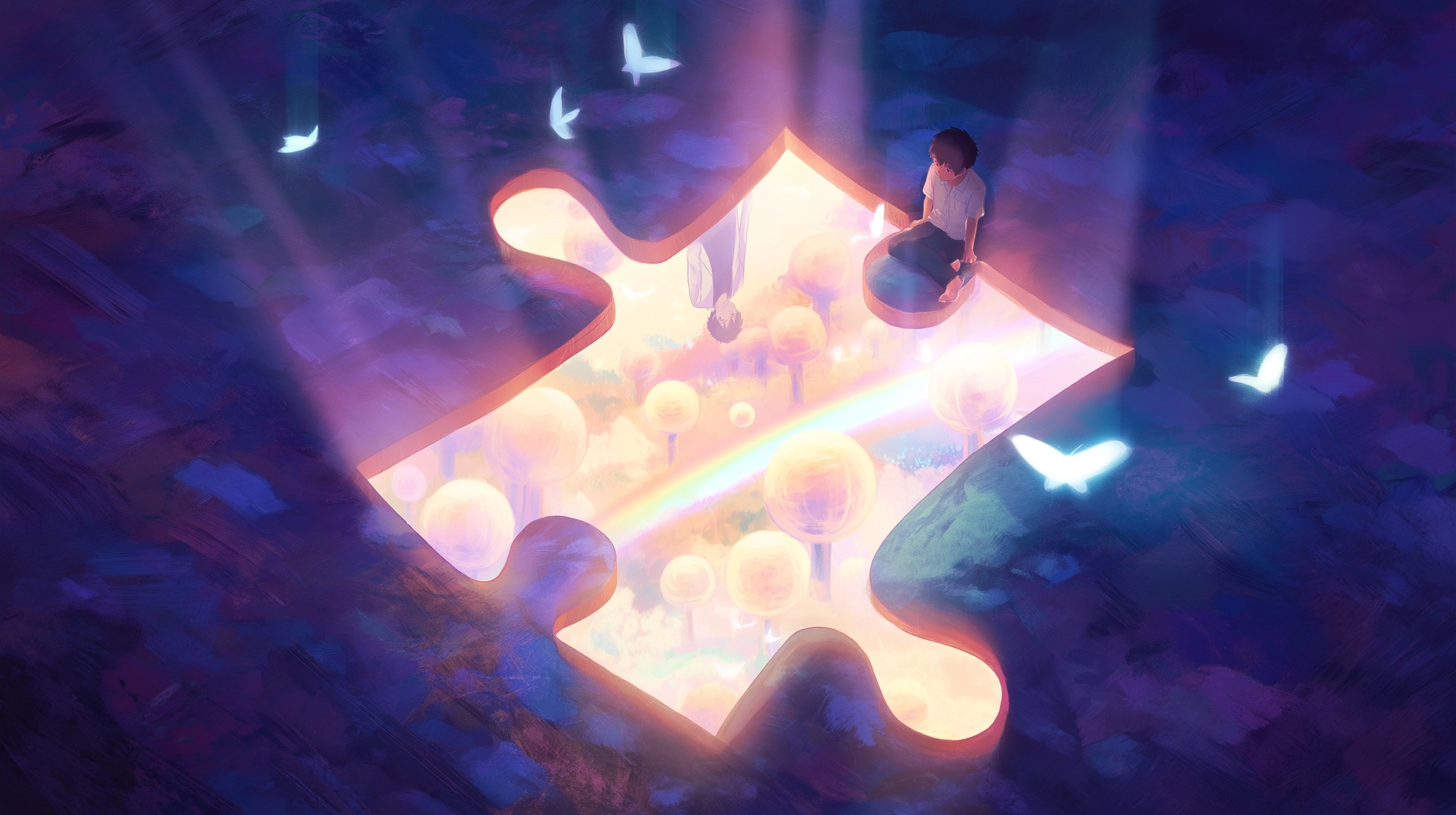 A surreal anime illustration, high angle shot, top-down perspective. A young boy sitting on the edge
