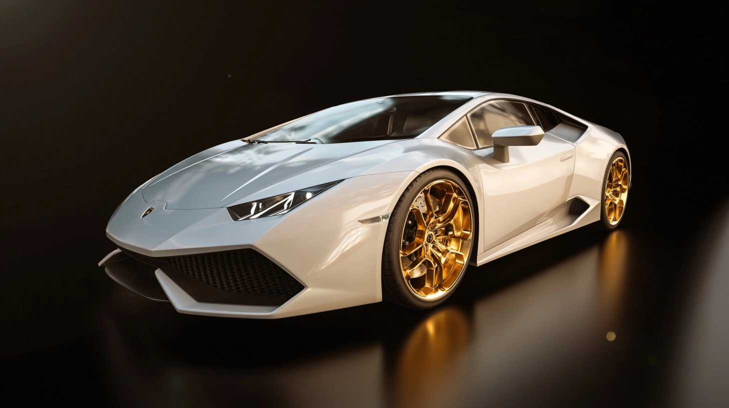 A very beautiful luxury sports car, with smooth curves, a shiny body, white with gold wheels