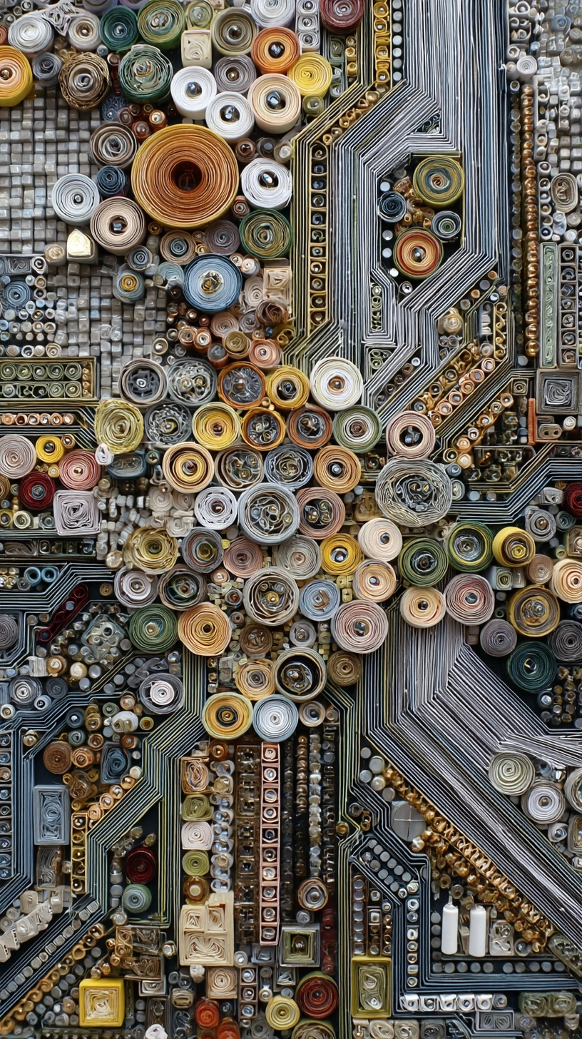 Abstract and intricate paper quilling art and mosaic tiles, arranged to look like a circuit board