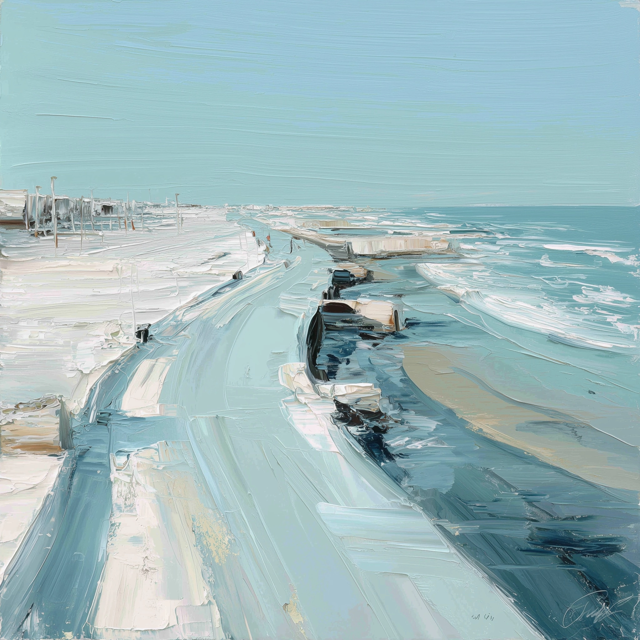 Abstract oil painting of a beach in winter, with light blue and white colors, thick brush strokes