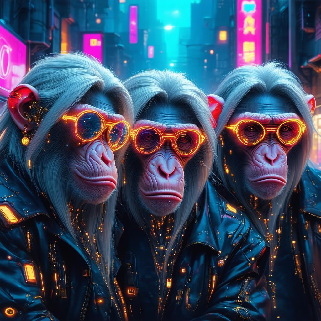 Elderly Neon Macaques With Grey Bob Haircuts