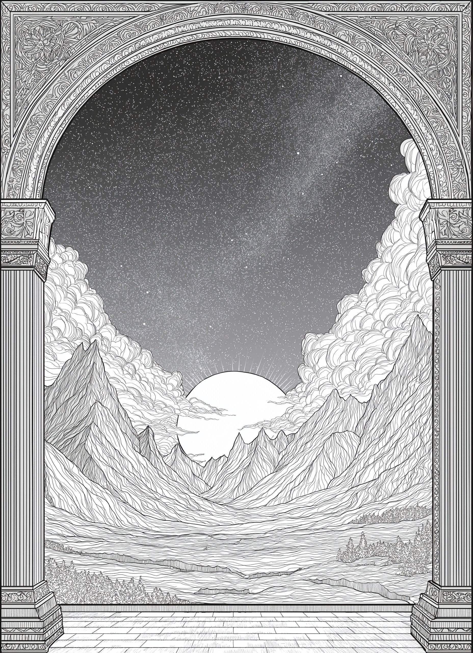 Adult coloring book line art, fine black outlines, white background. A beautiful, ornate