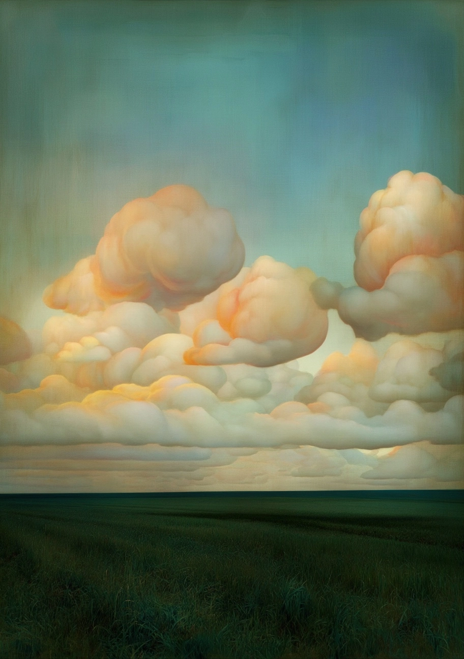 An oil painting of a landscape with clouds in the sky