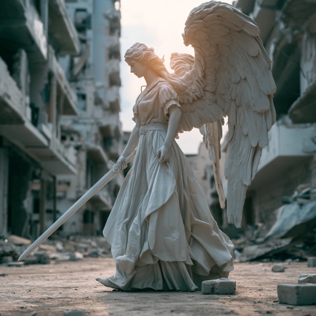 Angel made of white marble, carrying a sword, is walking through an empty street in an abandoned cit